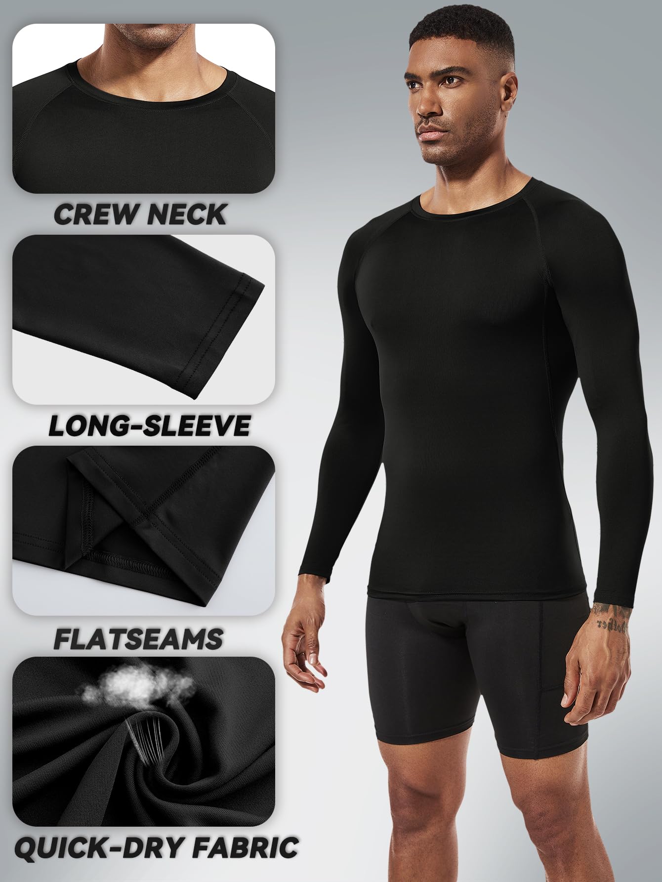 Holure 3 Pack Compression Shirts for Men Long Sleeve Running Top Quick Dry Base Layer Tops for Gym Sports Fitness Workout Black-XL