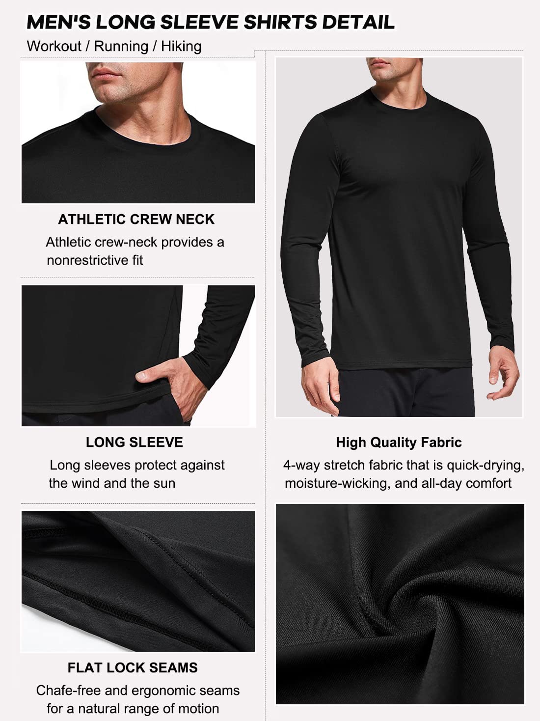 Long Sleeve Workout Shirts for Men - Dry Fit Long Sleeve T-Shirts Moisture Wicking Running Fitness Sports Athletic Crew Tee Tops Black/Navy/Red-3P05-XL