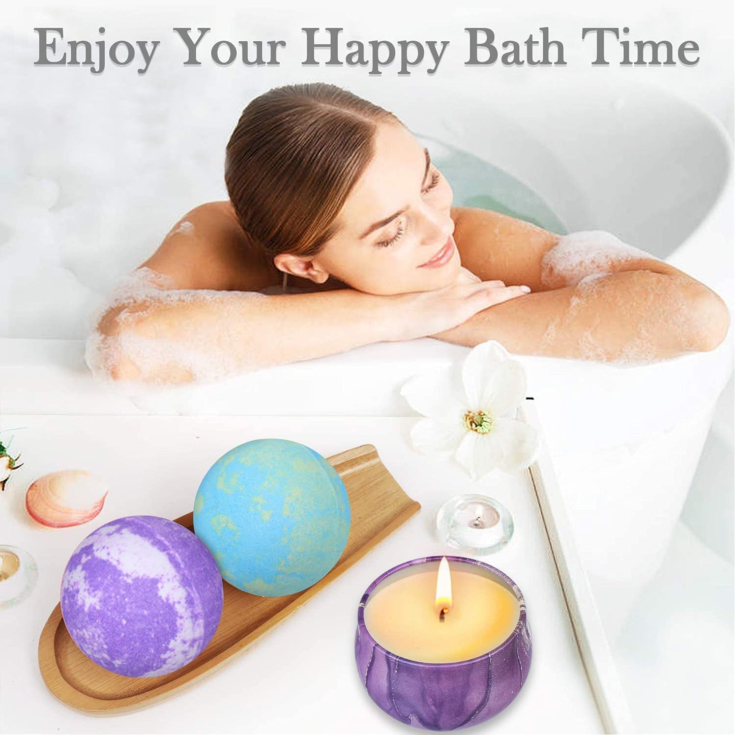 OFUN Bath Bombs & Scented Candles Gift Set, Large Bombs for Women Gifts, Spa Gift Idea for Girls, Friends, Kids Girlfriends Mum Mother's Day Birthday | 5 Bubble Balls & 4 Organic Soy Candles