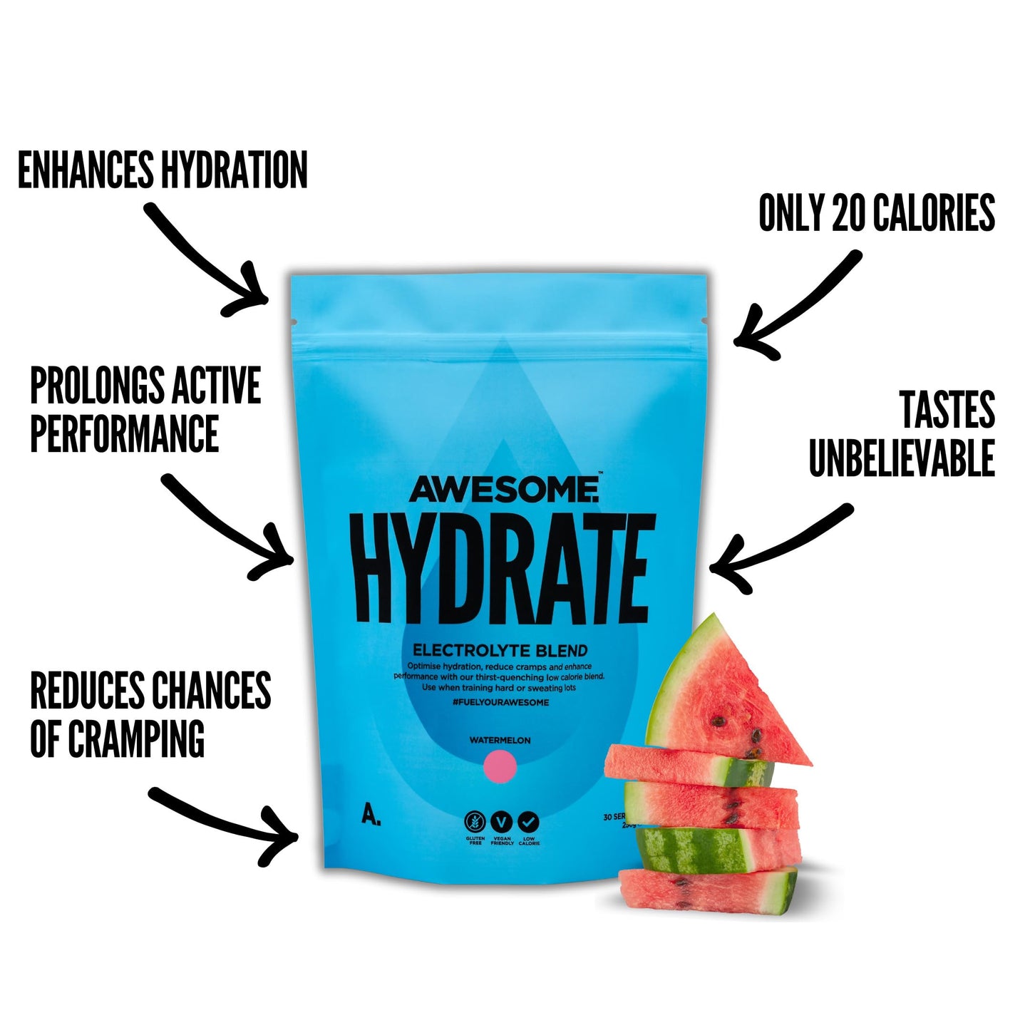 Awesome Supplements - Awesome Hydrate Watermelon - 250g Instant Electrolytes & Hydration - Low Calorie, Vegan & Gluten-Free