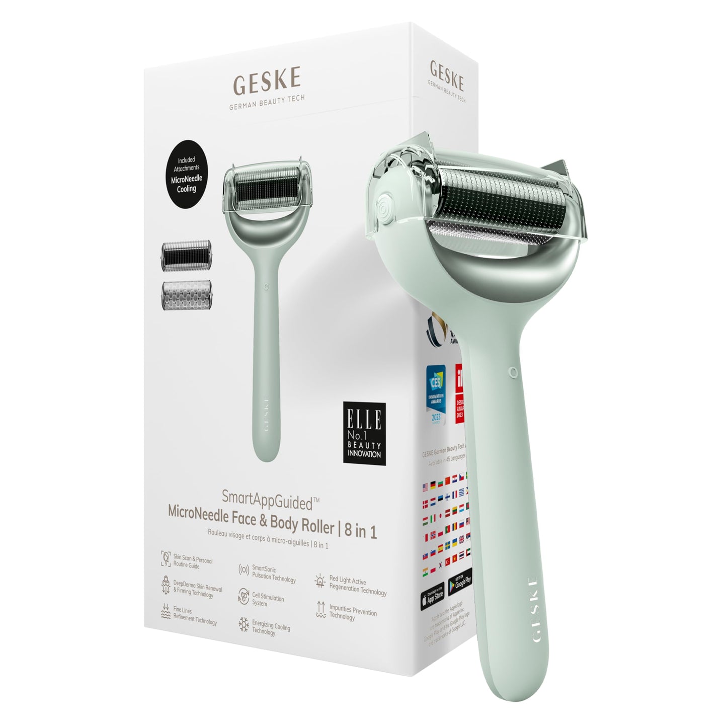 GESKE SmartAppGuided™ MicroNeedle Face & Body Roller | 8 in 1 | Derma Roller | Electric roller | Microneedling device | Needle roller | Beauty roller for face and body