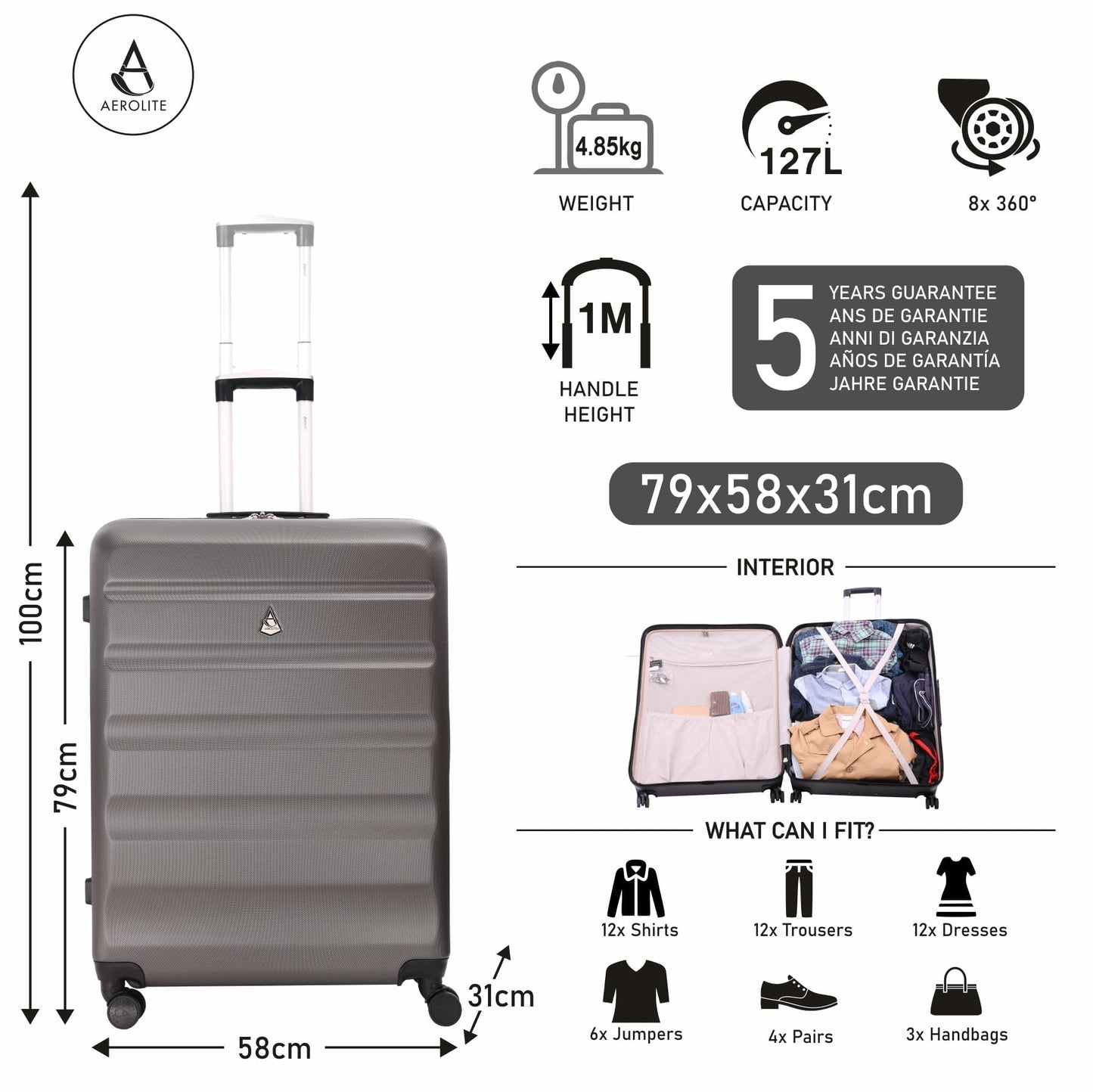 Aerolite Large Lightweight ABS Hard Shell Travel Hold Check in Luggage Spinner Suitcase with 4 Wheels, 29"