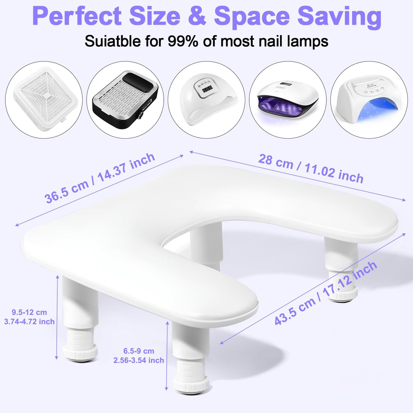 Diesisa Nail Arm Rest, Hand Rest for Nails with Height Adjustment, Soft PU Leather U-Shaped Manicure Armrest, Nail Cushion with Detachable Legs, Non-Slip Hand Rest Pillow for Nail Tech (White)
