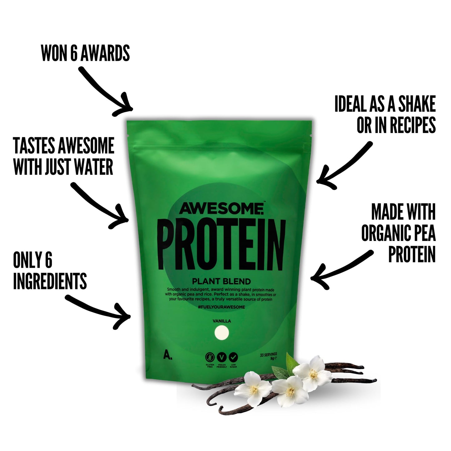 Awesome Supplements - Awesome Protein Vanilla - 1KG Vegan & Organic High Protein Powder - Low Calorie, Low Sugar