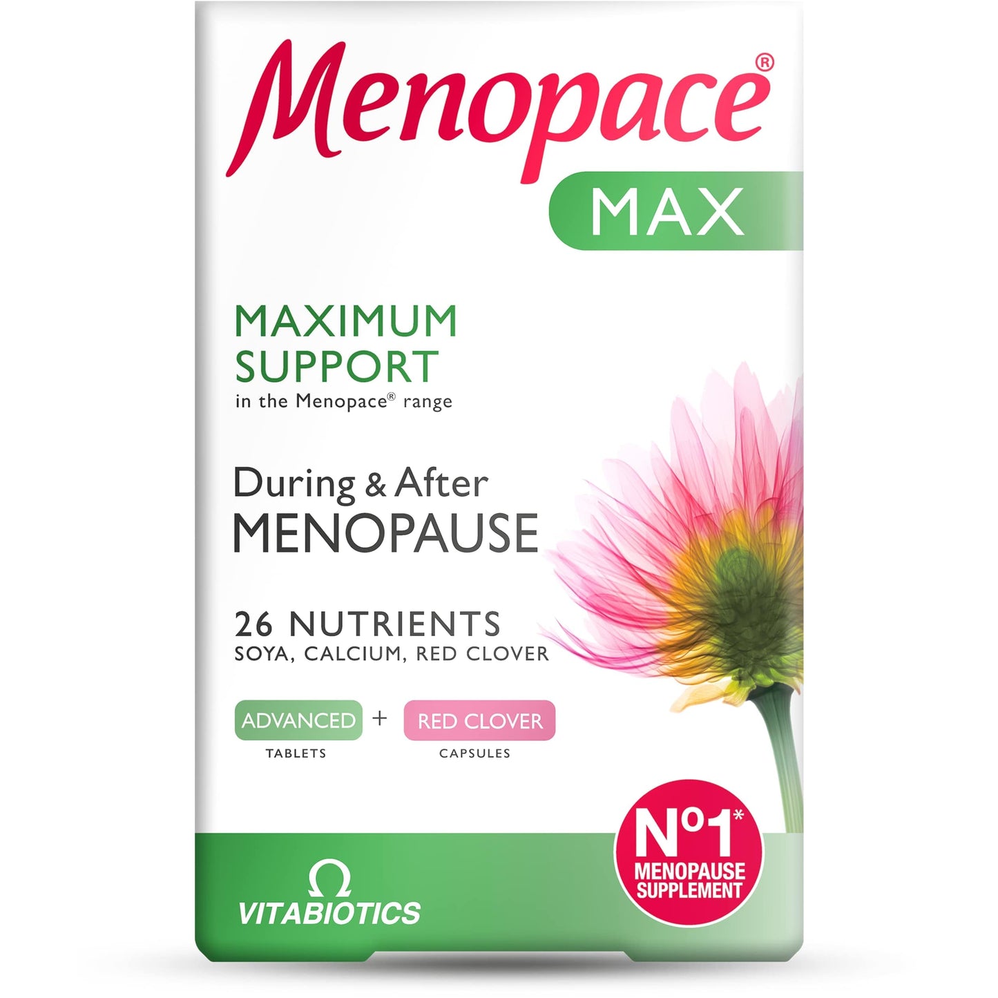 Menopace Max by Vitabiotics - Maximum Menopause & Perimenopause Support With Calcium, Soya Isoflavones & Red Clover - UK's No.1 Menopause Supplement Brand