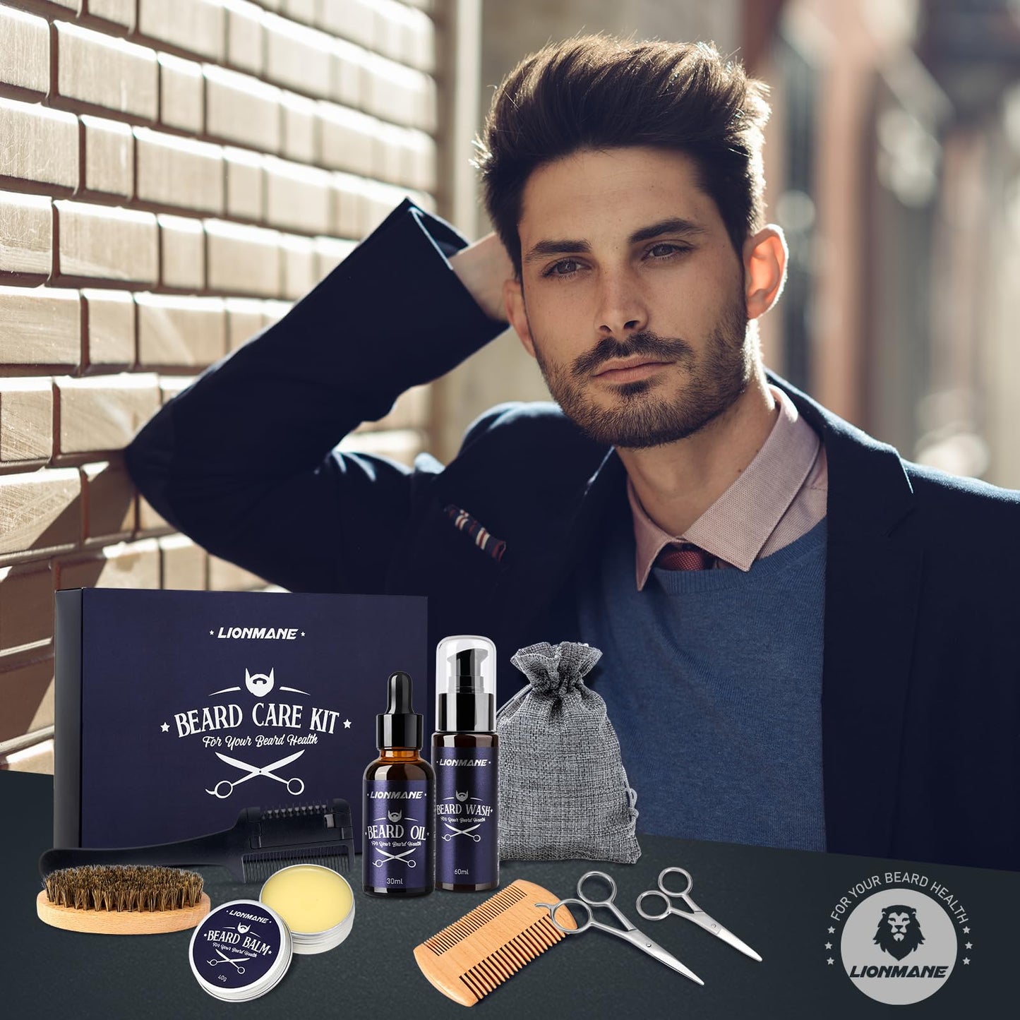 Beard Care Kit for Men, Father’s Day Gifts for Dad, LIONMANE Beard Grooming Kit-Beard Balm,Beard Wash & Oil,Comb,Brush,Scissors, Hair Thinning Comb,Anniversary Birthday Gifts for Him/Husband/Boyfriend