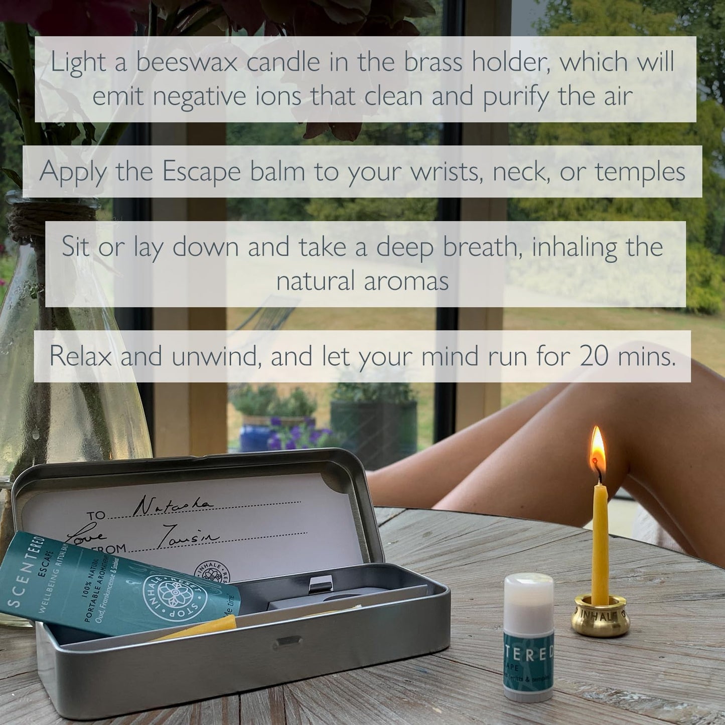 Scentered Aromatherapy Balm & Meditation Candle Set - Mindful Escape Relaxation - x12 Beeswax Candles with Brass Holder & x1 Essential Oil Blend Balm