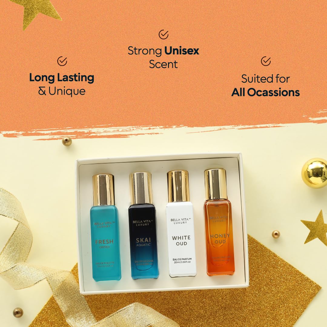 BellaVita Luxury Unisex Cologne Gift Set (4x20ml) | Vanilla & Oud Fragrance Includes Honey OUD, SKAI, FRESH & White OUD | Mini Perfumes & Spicy Vanilla Perfume Oil | Travel Size Edition Perfume