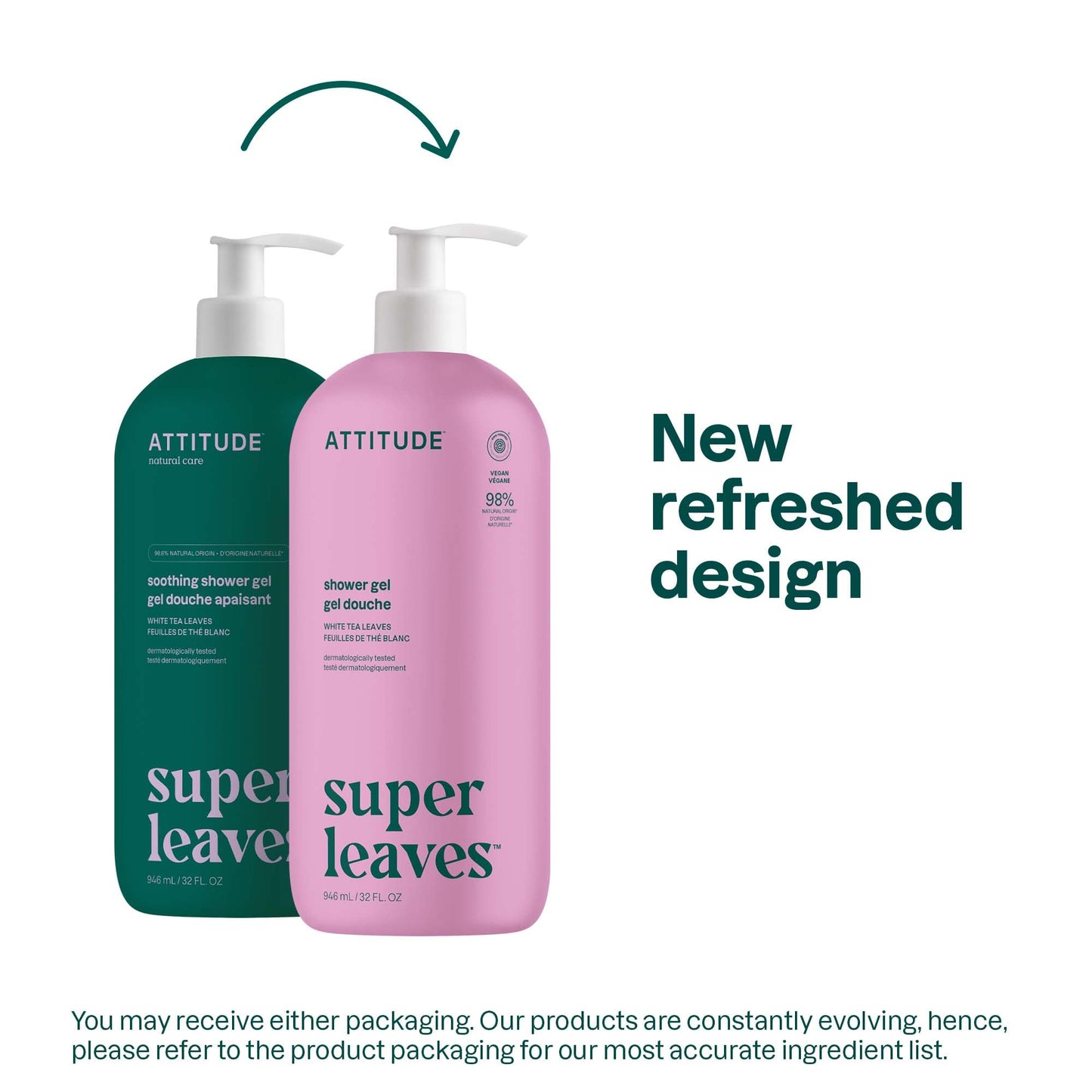 ATTITUDE Body Wash, EWG Verified Shower Gel, Dermatologically Tested, Plant and Mineral-Based, Vegan Personal Care Products, White Tea Leaves, 946 mL
