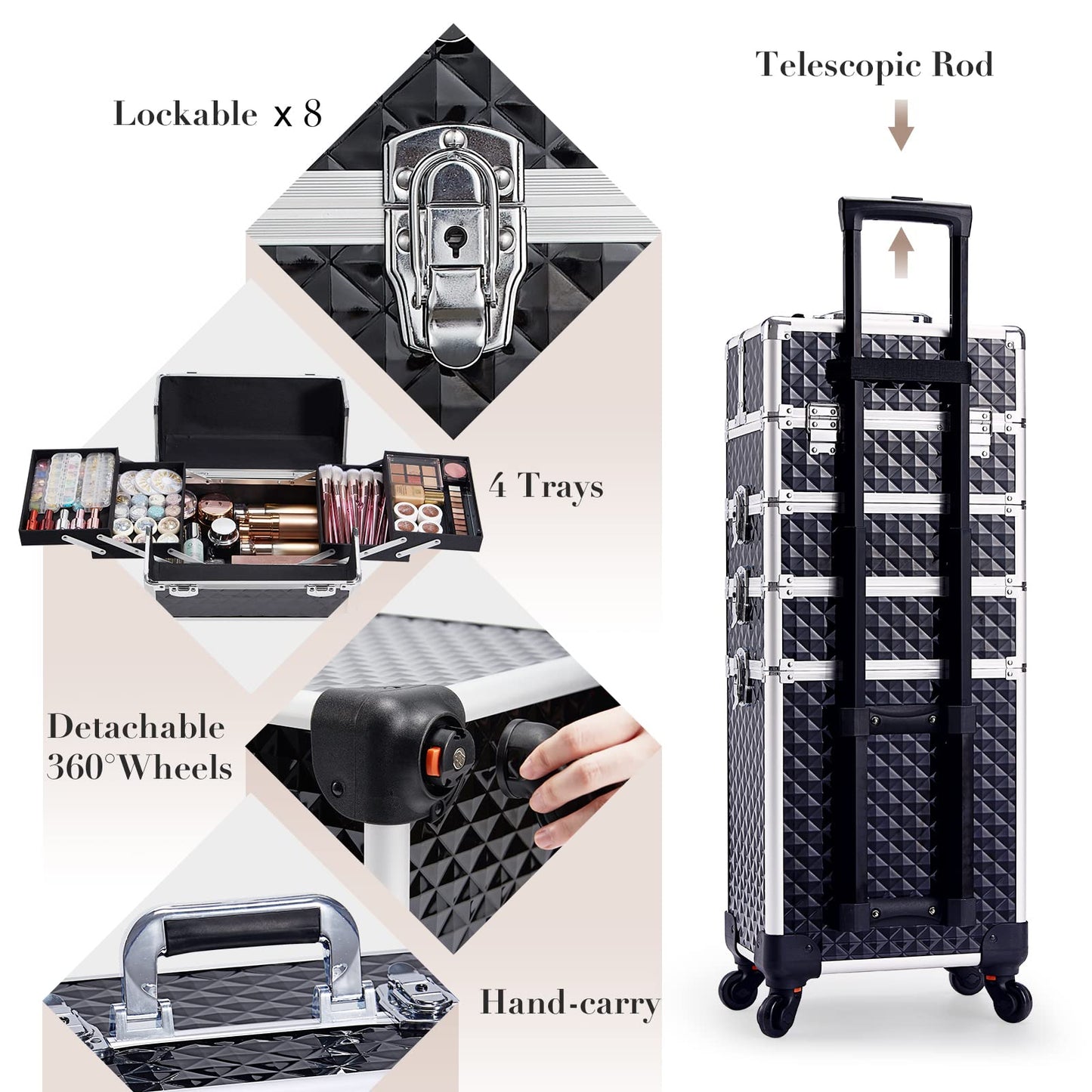 Joligrace 4-in-1 Tall Vanity Case for Women Makeup Box Make Up Beauty Trolley on Wheels Professional Large Makeup Case Organiser Rolling Box Nail Technician case with Locks (Black)
