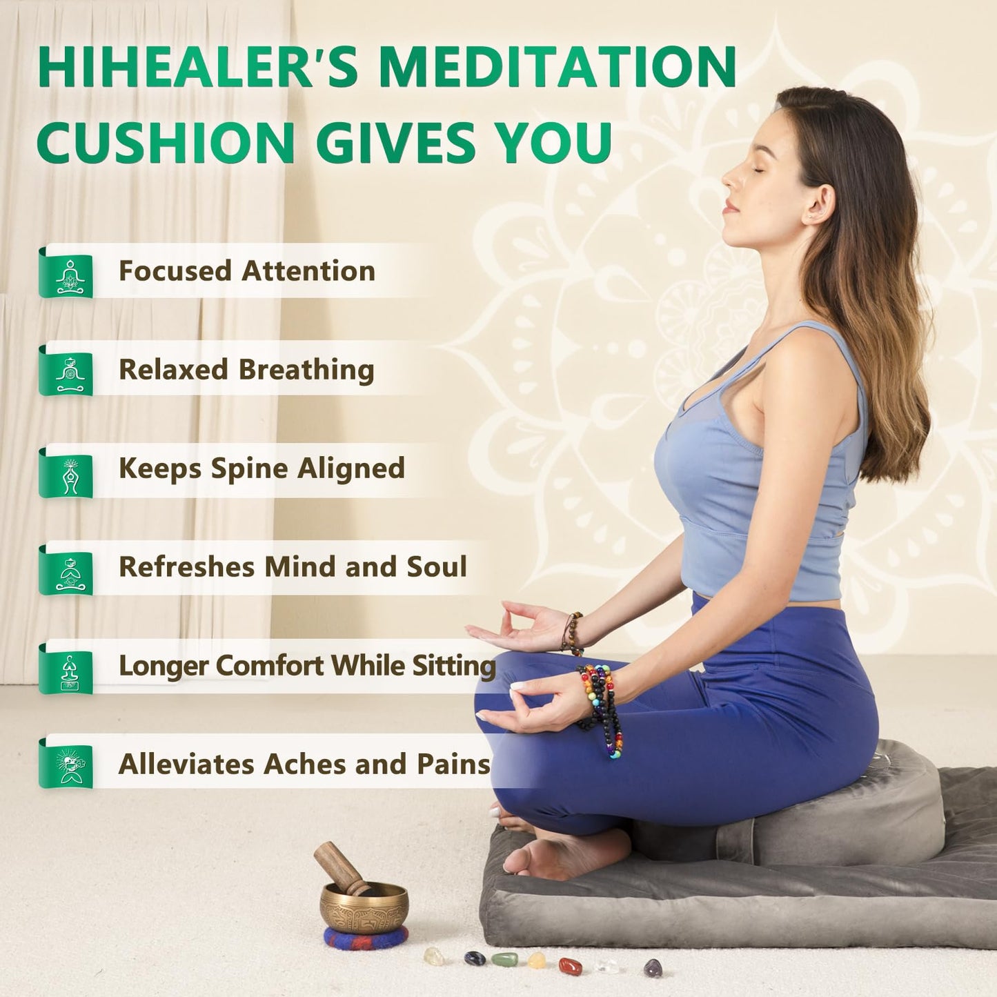 Hihealer Meditation Cushion with Extra Velvet Cover - Large Traditional Tibetan Meditation Yoga Floor Cushion Pillow Zafu Filled by Buckwheat Hulls, Great Gift for Women (Calmly Grey & White)