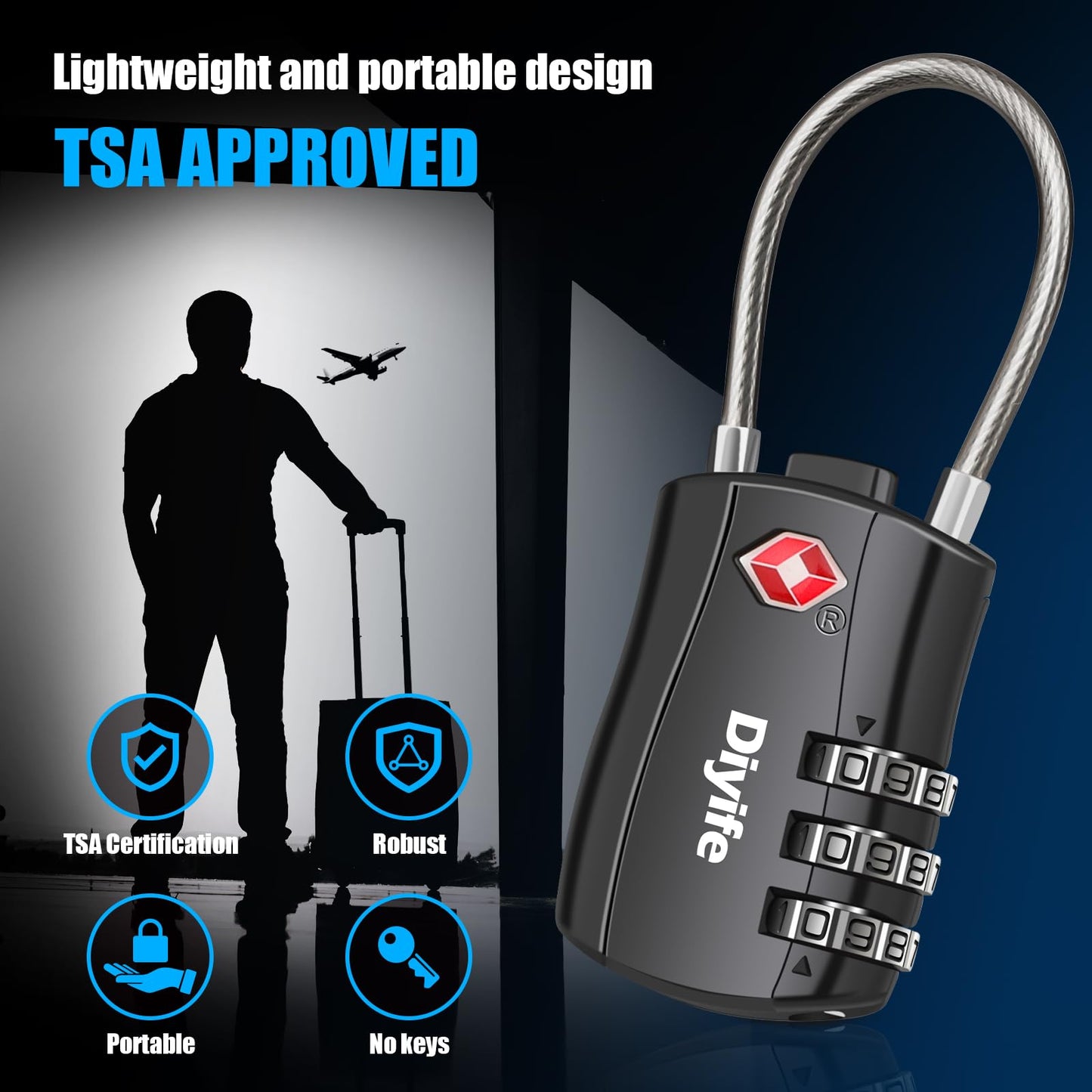 Diyife TSA Luggage Locks, [2 Pack] 3-Digit Security Suitcase Locks, Combination Padlock for Suitcases Flexible Cable Travel Lock, TSA Approved Luggage Locks for Suitcases Travel Luggage Bag Case