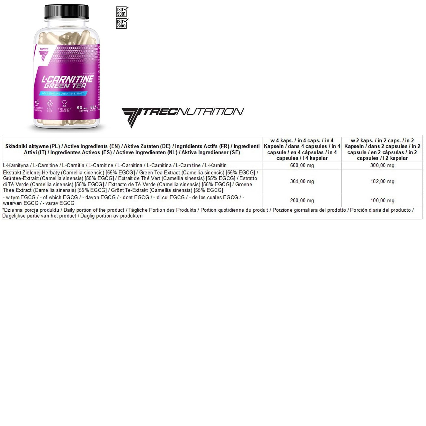 TREC Nutrition L-CARNITINE + Green Tea | Turn Fat into Energy | Weight Loss Metabolism Booster | 90 Capsules