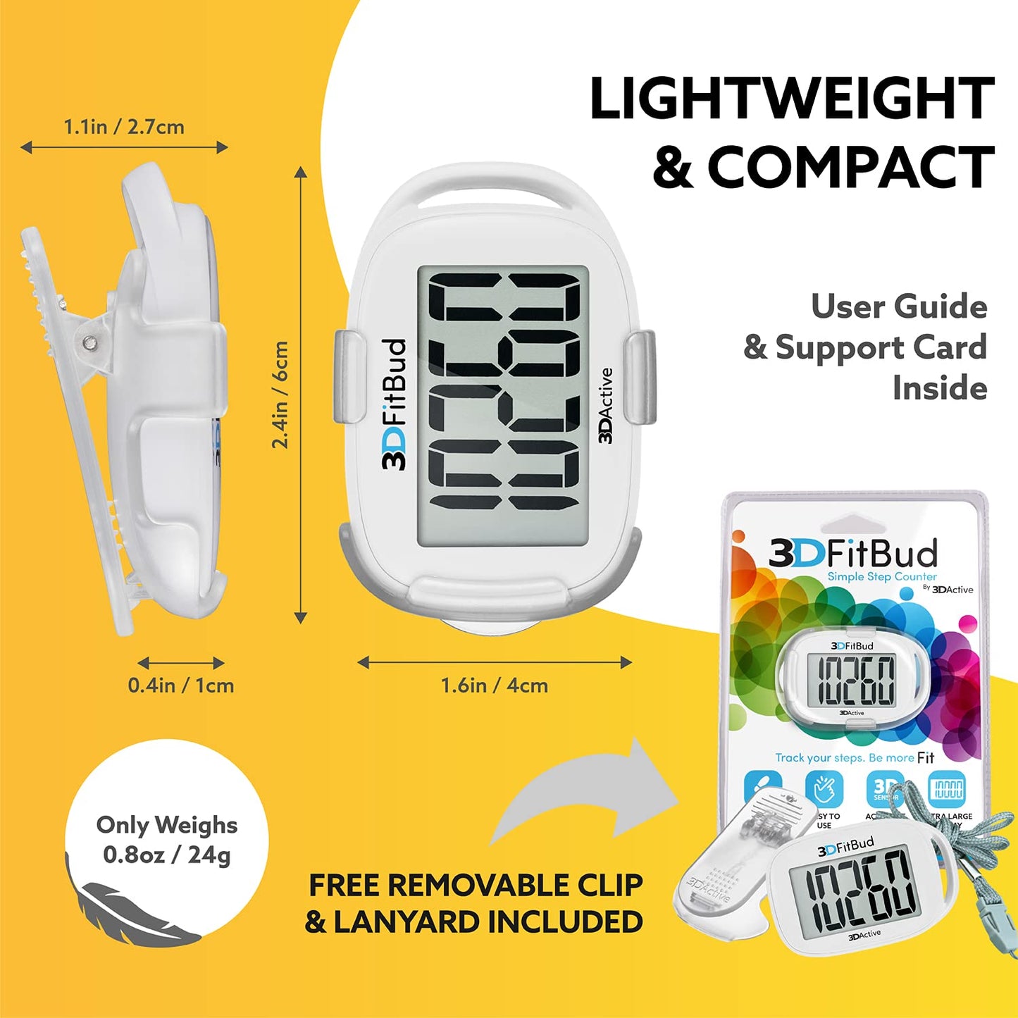3DFitBud Simple Step Counter Walking 3D Pedometer with Clip & Lanyard - A420S - White