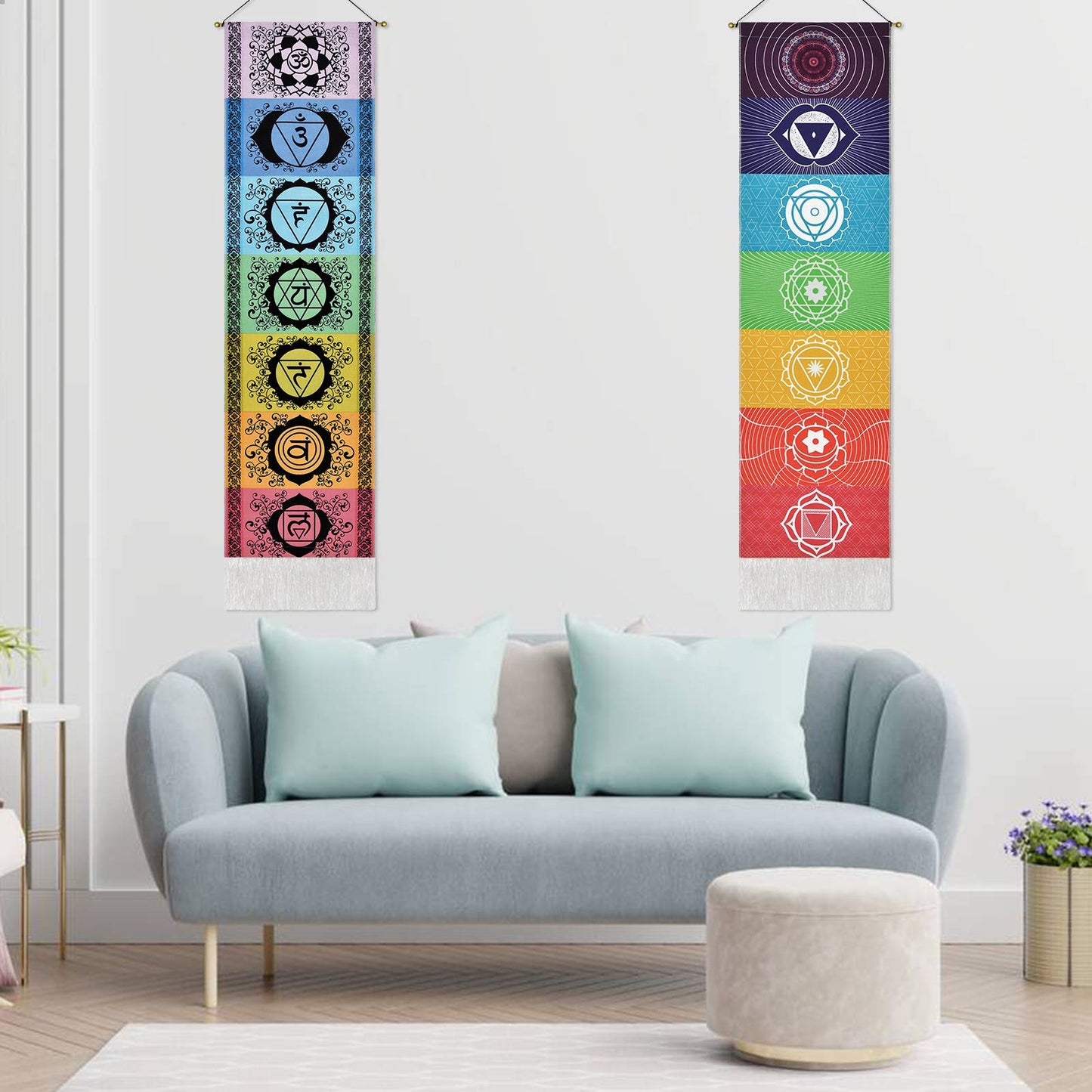Yugarlibi 2 Pack Chakra Wall Hanging with Tassels, Meditation Yoga Tapestry, Mandala Wall Tapestry for Bedroom and Living Room - 130x32cm