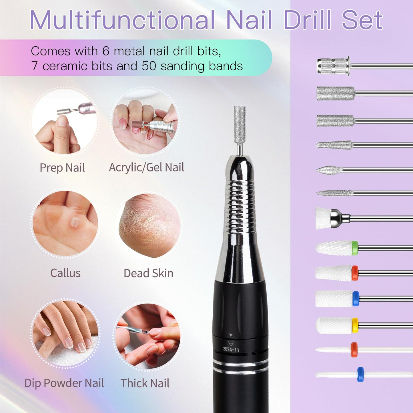 Madenia Electric Nail File 35000RPM, Professional Rechargeable Nail Drill Machine with Ceramic & Metal Drill Bits, Cordless E File Portable Efile for Acrylic Nails Gel Salon Home Manicure Use (Pink)