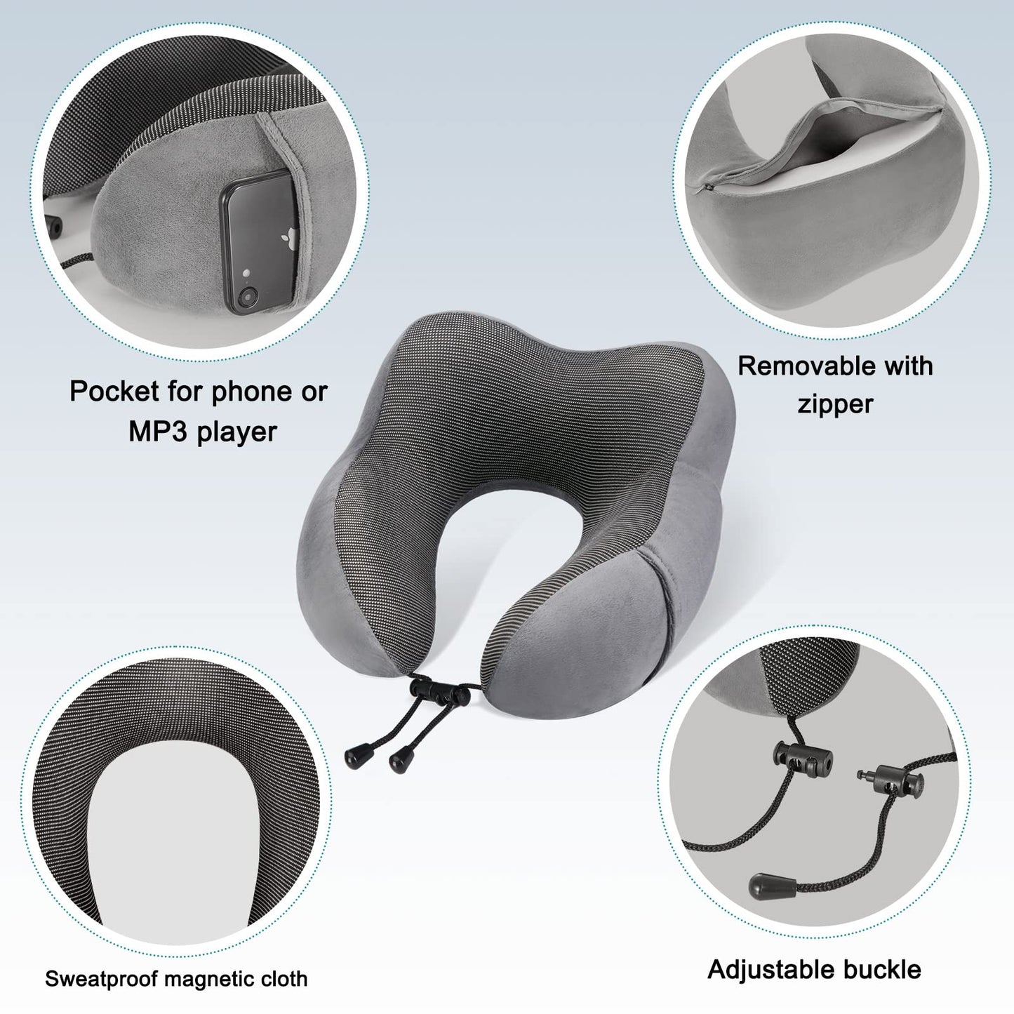 Eono Neck Pillow Memory Foam, Travel Pillow for Neck, Comfortable Neck and Head Support Pillow for Plane Cars Trains Office, Soft Flight Travel Cushion for Sleeping