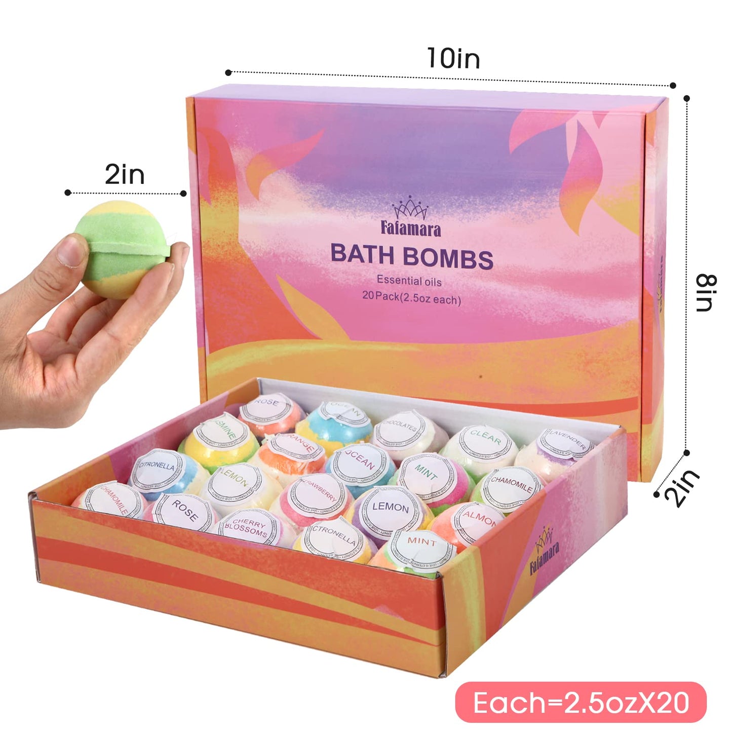 Fafamara Bath Bombs, Foaming Gift Set 20 Organic & Natural Handcrafted Essential Oils Relaxation and Stress Relief Fizzy Balls Ideal Birthday Gift for Her/Him, Women, Wife, Girlfriend, Mother