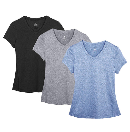 icyzone Women's Sport T-Shirt Yoga Fitness V-Neck Short-Sleeve Tops Workout Running Shirt, 3 Pack (XL, Black/Granite/Blue)