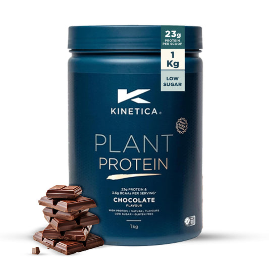 Kinetica Sports Plant Protein Powder - Chocolate Flavour | 23g Protein/Serve, 33 Servings/1Kg | Blend of Pea & Rice Protein | Dairy & Gluten Free |Vegan & Low in Sugar | Easy Mixability