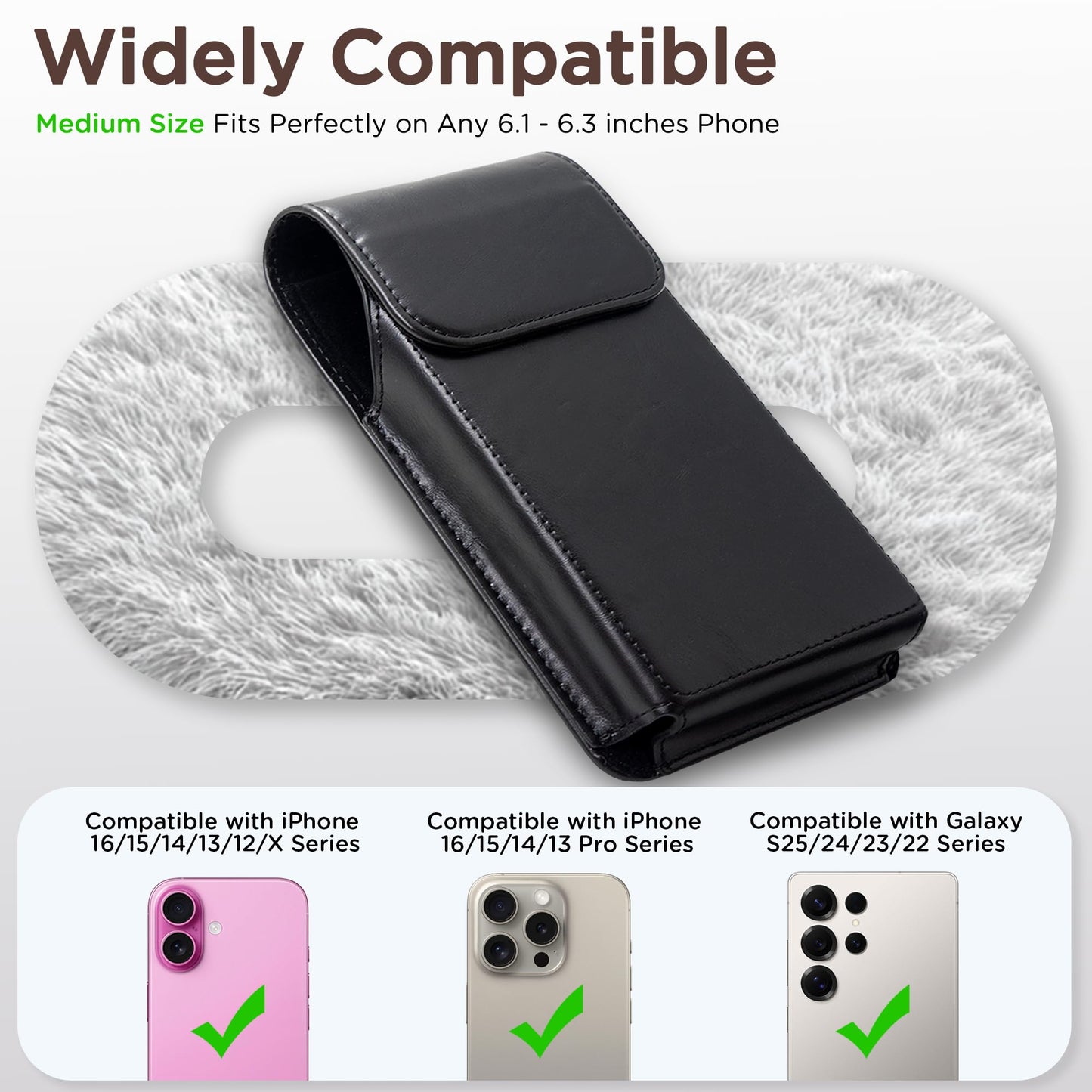 INGIDO Holster for iPhone 16, 16 Pro, iPhone 15, 15 Pro, 14, 14 Pro, 13, 13 Pro, 12, 12 Pro, 11, Galaxy S25, S24, S23, S22, Premium Leather Pouch with Belt Clip Phone Holster Belt Case, Black -M
