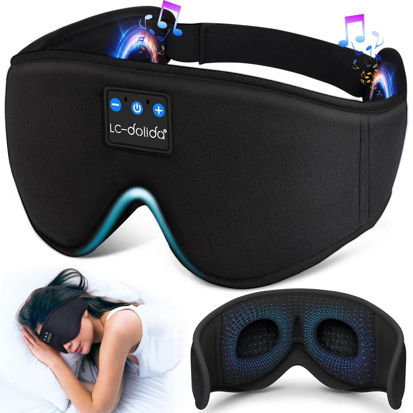 LC-dolida Bluetooth Sleep Mask with Headphones – 200% Blackout, 3D Eye Mask