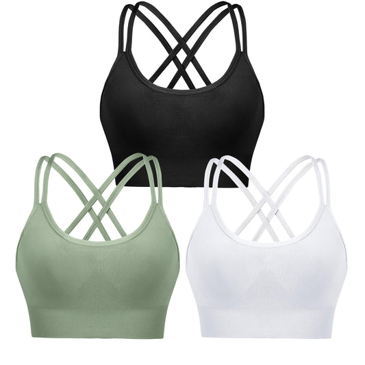 Leversic Sports Bra for Women Padded Yoga Bra Mid Impact Sports Bra Strappy Cross Back Crop Top for Fitness Yoga Gym(Black+White+Green,S)