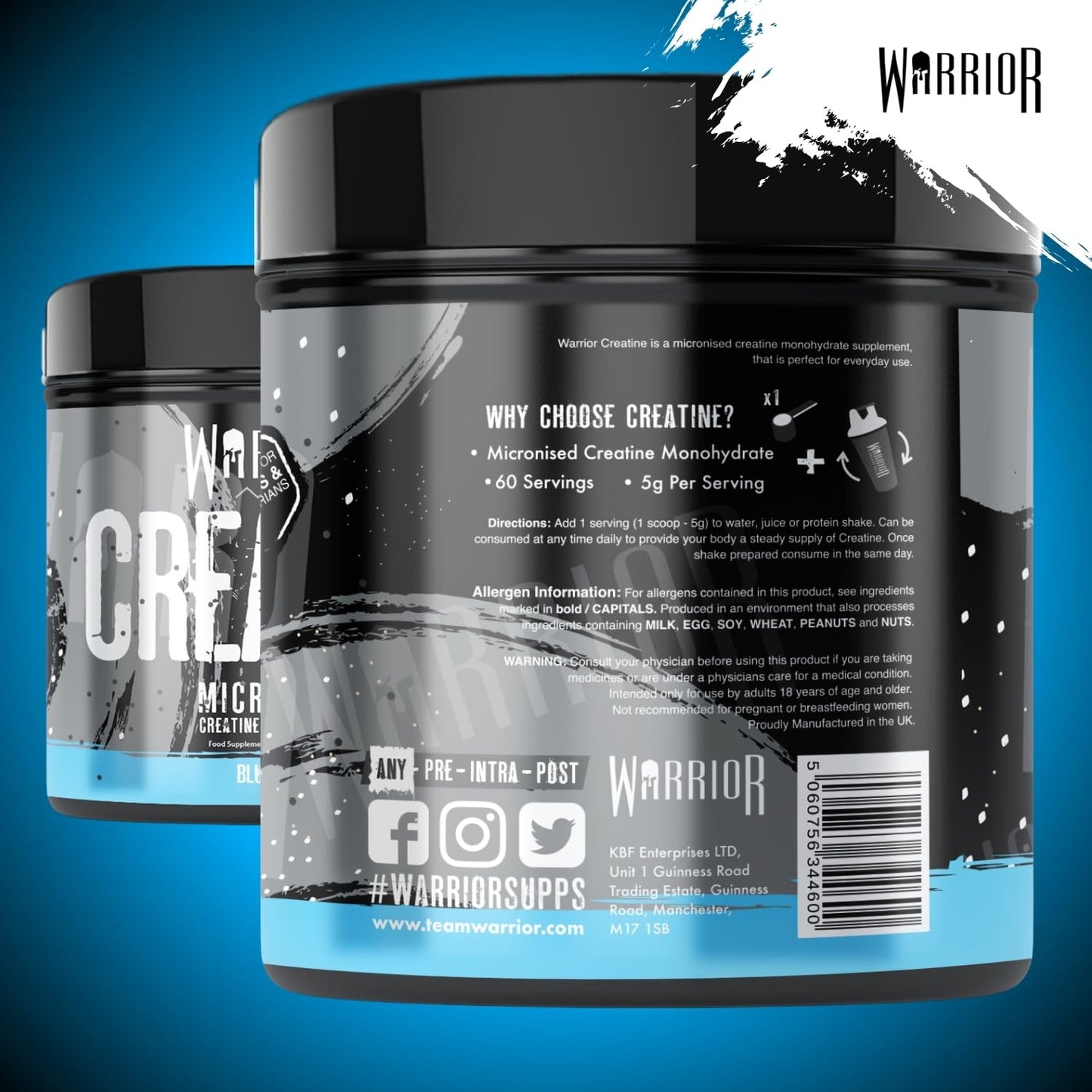 Warrior Creatine Monohydrate Powder – Micronised for Easy Mixing and Consumption – 100 Percent Pure Creatine – Proven to Improve Physical Performance and Recovery, 5 g Servings (Blue Razz, 300 g)