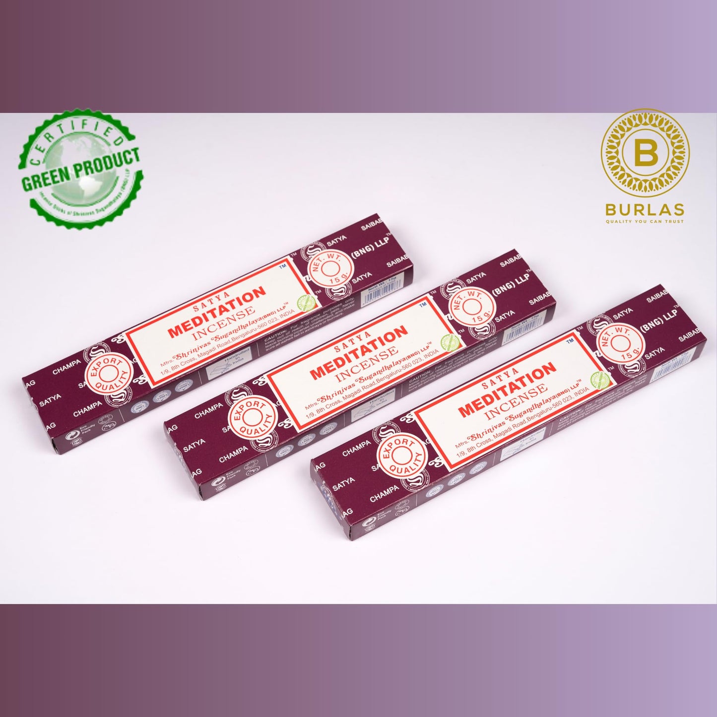 Satya Meditation Incense Sticks 3-Pack with Burlas Holder, 15g pack, Hand Rolled for Relaxation, Meditation, Yoga, Meomatherapy, Spa, Weddings, Healing and Positivity