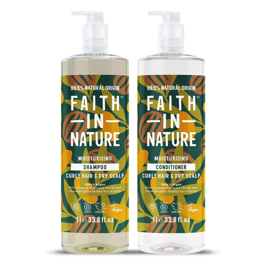 Faith In Nature 2 x 1L Natural Shea & Argan Shampoo and Conditioner Set, Nourishing, Vegan & Cruelty Free, No SLS or Parabens, For Very Dry to Dry Hair
