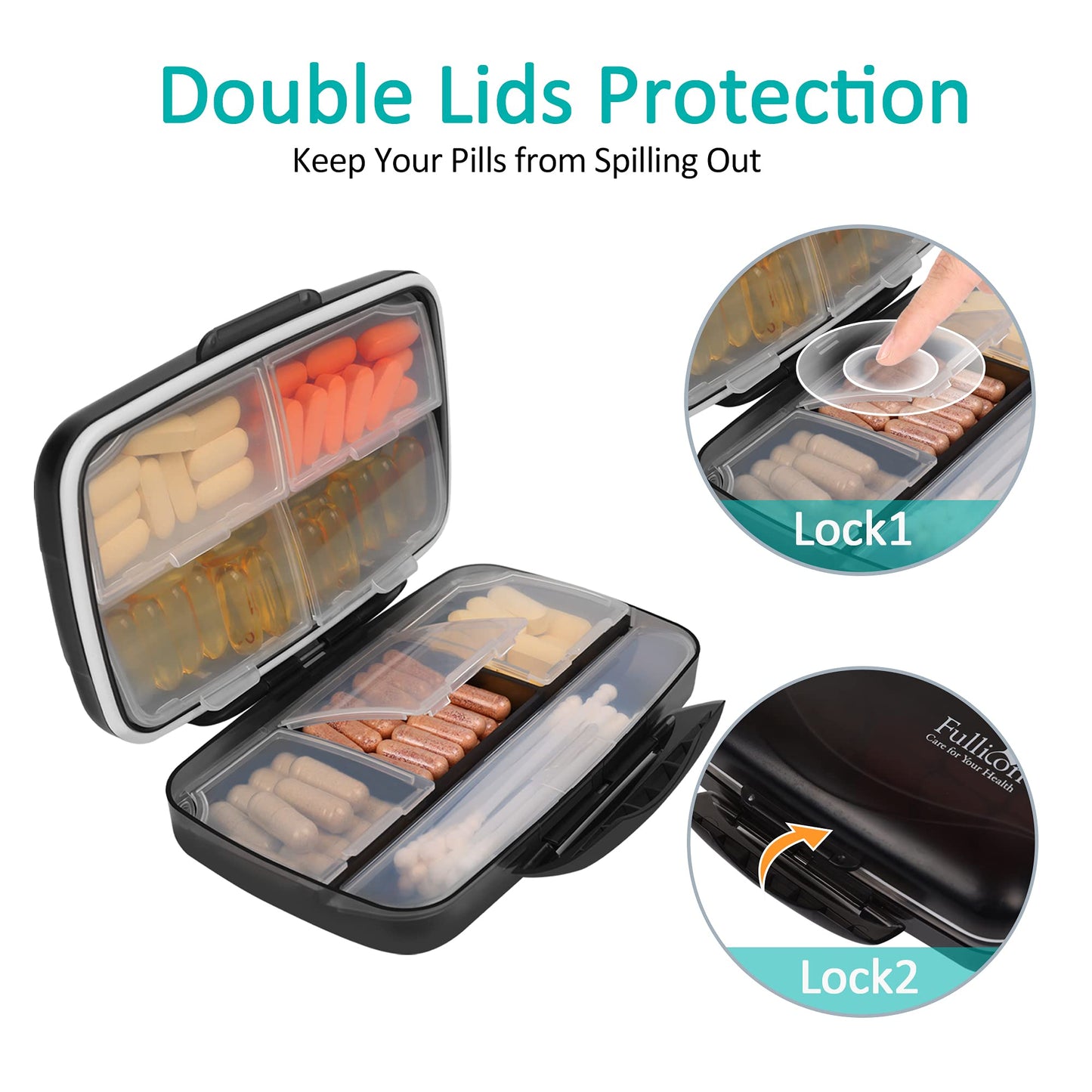Fullicon Travel Pill Box Organiser Large Portable, Oversize 8 Compartment Pill Boxes/Holder, Vitamin/Medication Case - Airtight & Moistureproof (Black)