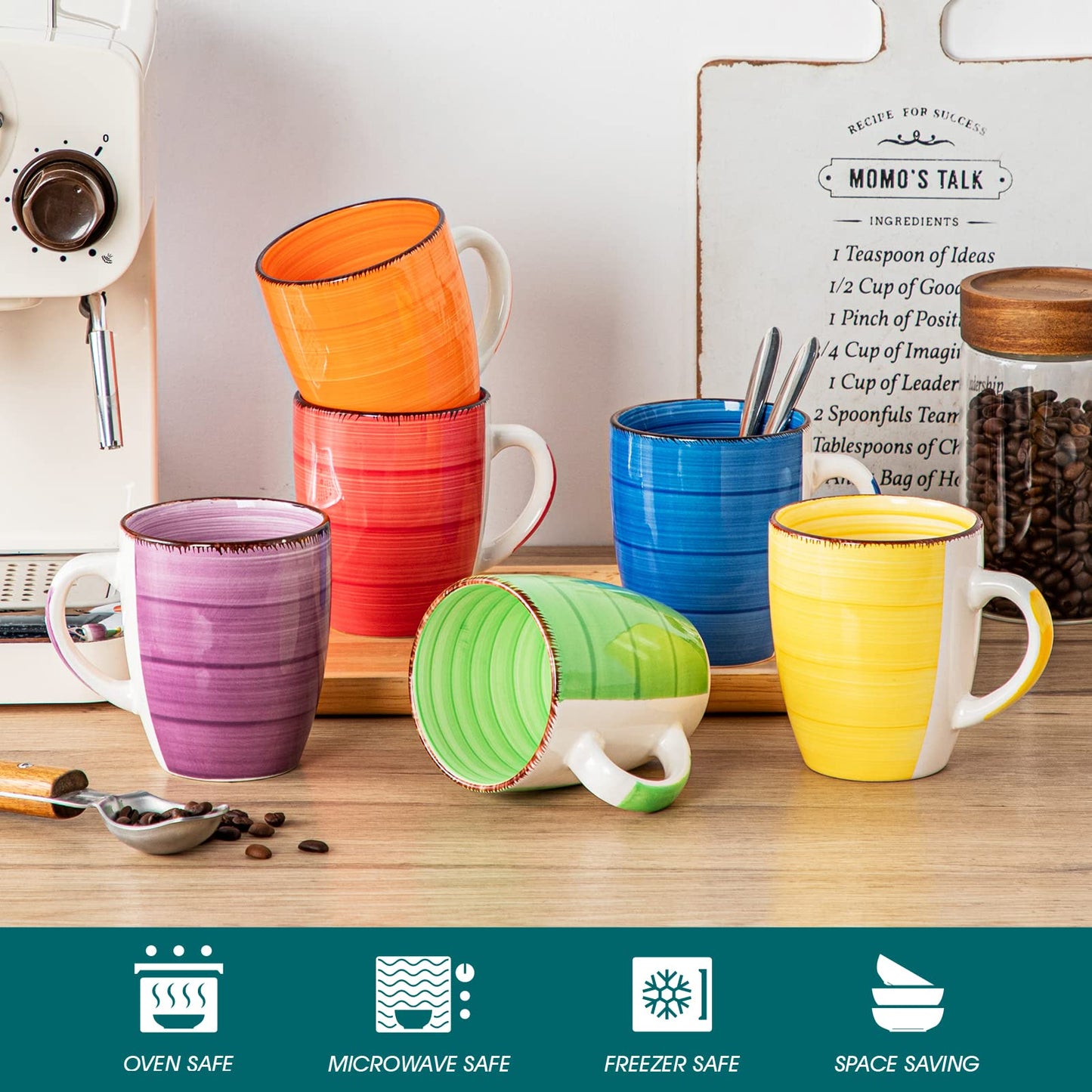 vancasso Bonita Mugs Set of 6, 360ml Stoneware Coffee Cup and Mug, Microwave & Dishwasher Safe Tea Cups, Large Mugs for Hot Drinks, Warm Color