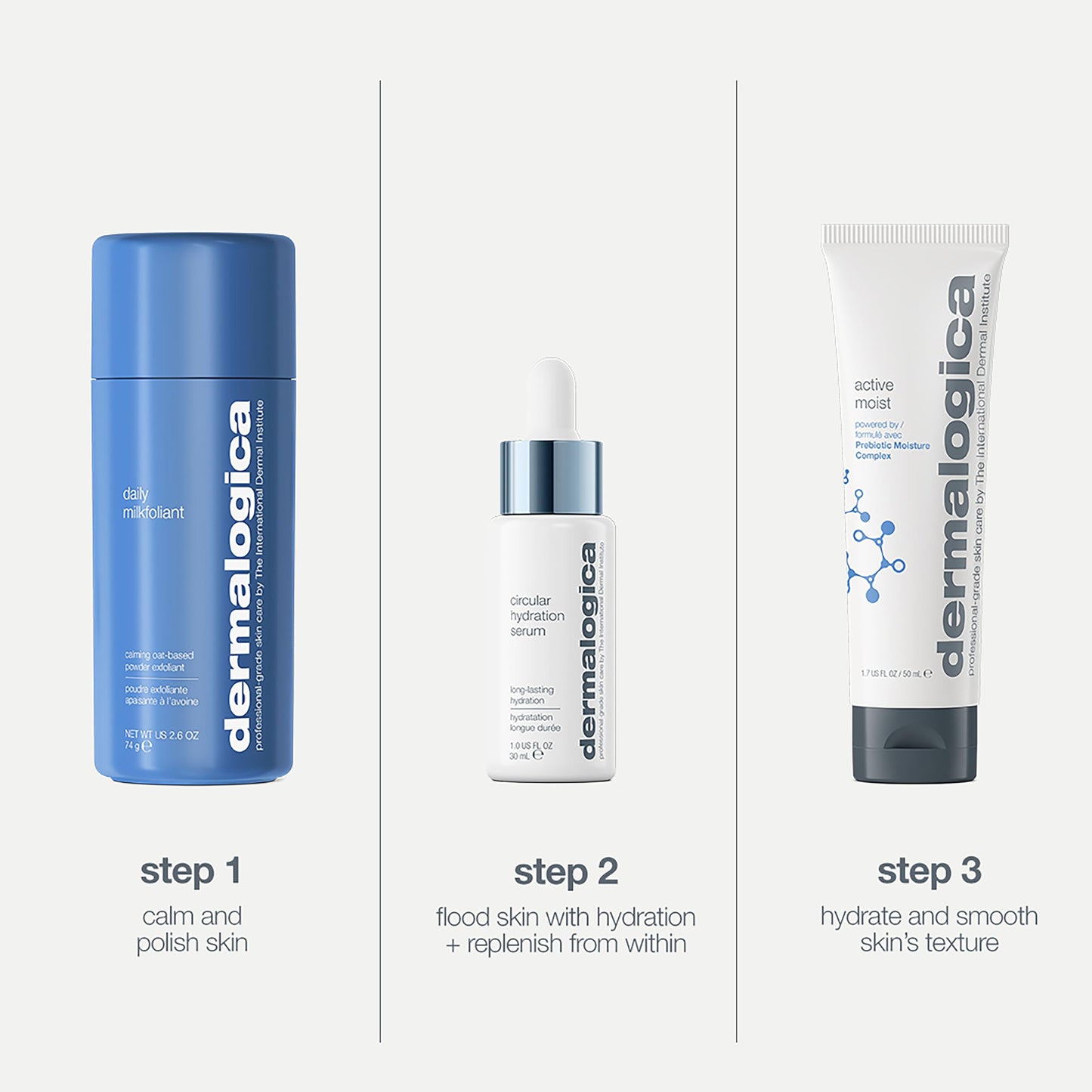 Dermalogica Smooth and Hydrate Gift Set, Full-Size Daily Milkfoliant 74g, Circular Hydration Serum 30ml, Active Moist Moisturiser 50ml, Skincare Set, Pack of 3