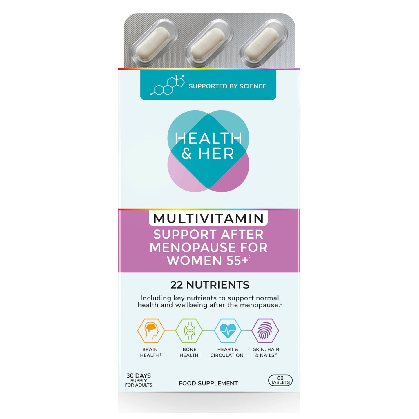 Health & Her Multivitamin Support After Menopause for Women 55+ - Supplements for Women - Nutrition and Wellbeing Support - 1 Month Supply, 60 Tablets - Vegan & Gluten Free