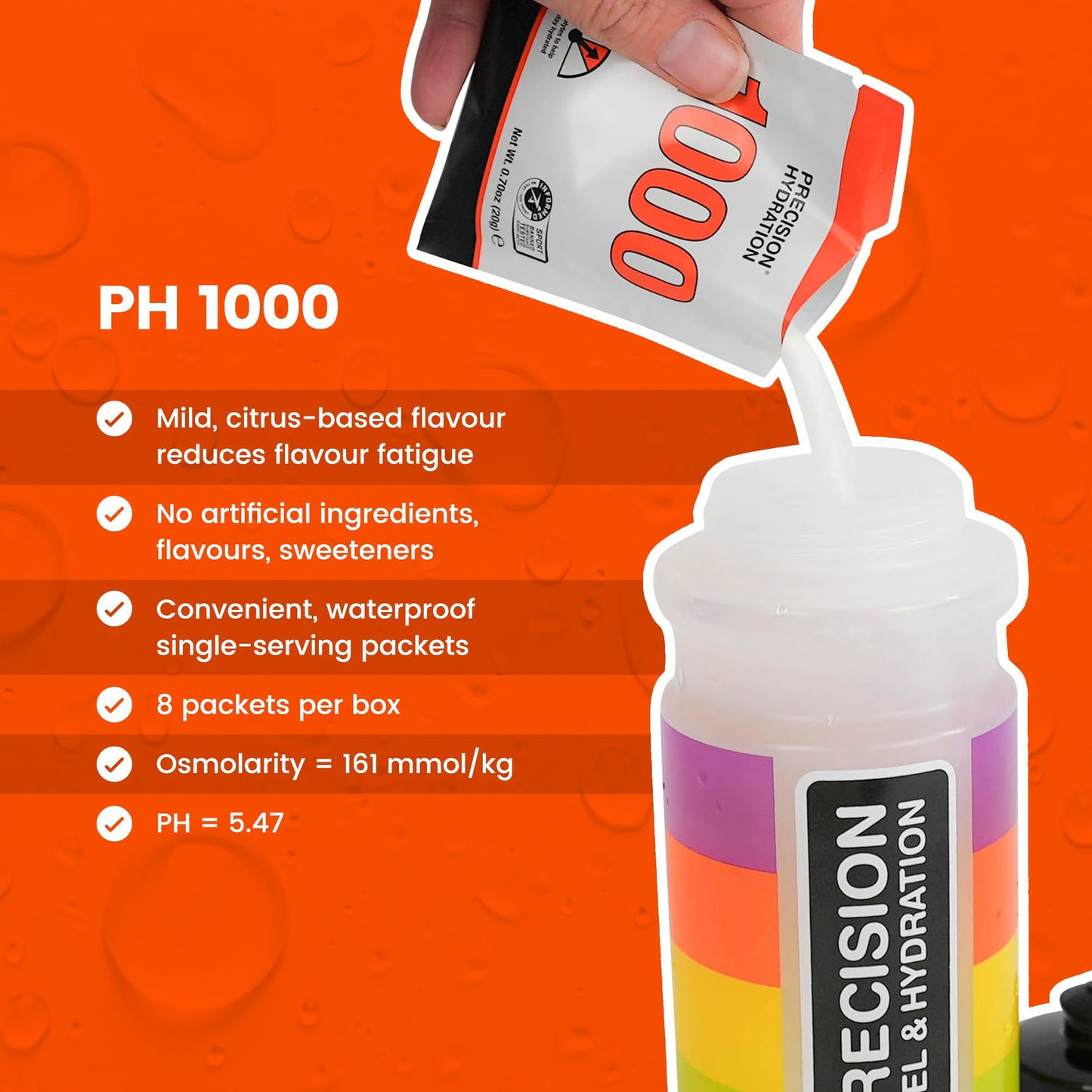 Precision Hydration Electrolyte Drink Mix - No Artificial Ingredients, Multi Strength Electrolyte Powders - Individual Waterproof Servings - Gluten/Dairy Free (1000mg/L - Orange Packet, Pack of 8)