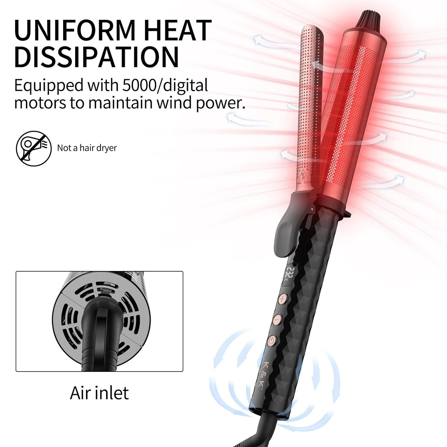 K&K Professional Red Light Therapy Infrared Dual Voltage Curling Iron, 38mm Rose Gold Aluminium Barrel, with Display for Temperature Control up to 232°C