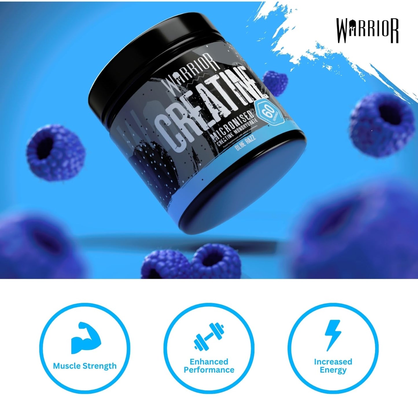 Warrior Creatine Monohydrate Powder – Micronised for Easy Mixing and Consumption – 100 Percent Pure Creatine – Proven to Improve Physical Performance and Recovery, 5 g Servings (Blue Razz, 300 g)