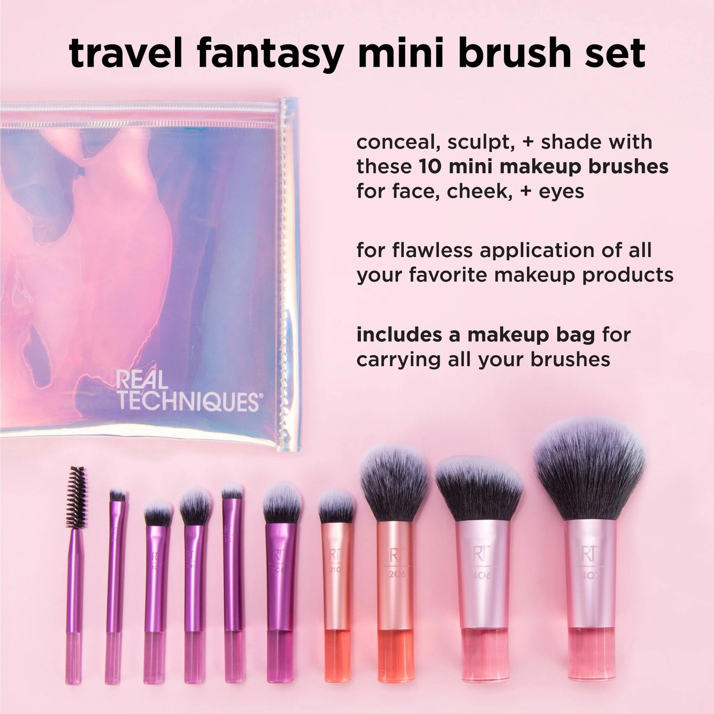 Real Techniques Travel Fantasy Mini Brush Kit, Makeup Brushes For Eyeshadow, Highlight, Contour, Powder, and Concealer, Travel-Sized Brushes and Cosmetic Bag, Synthetic Bristles, 11 Piece Set
