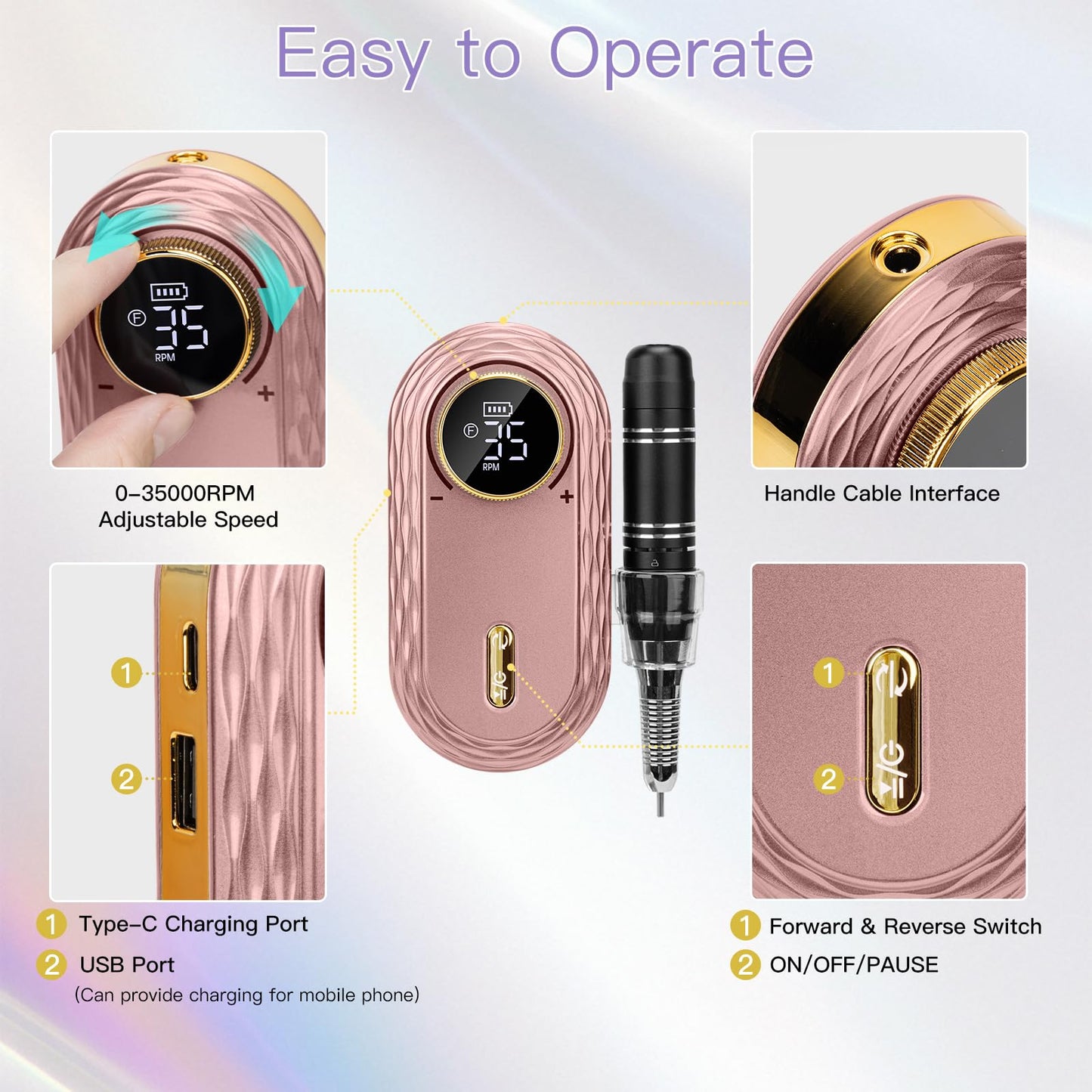 Madenia Electric Nail File 35000RPM, Professional Rechargeable Nail Drill Machine with Ceramic & Metal Drill Bits, Cordless E File Portable Efile for Acrylic Nails Gel Salon Home Manicure Use (Pink)