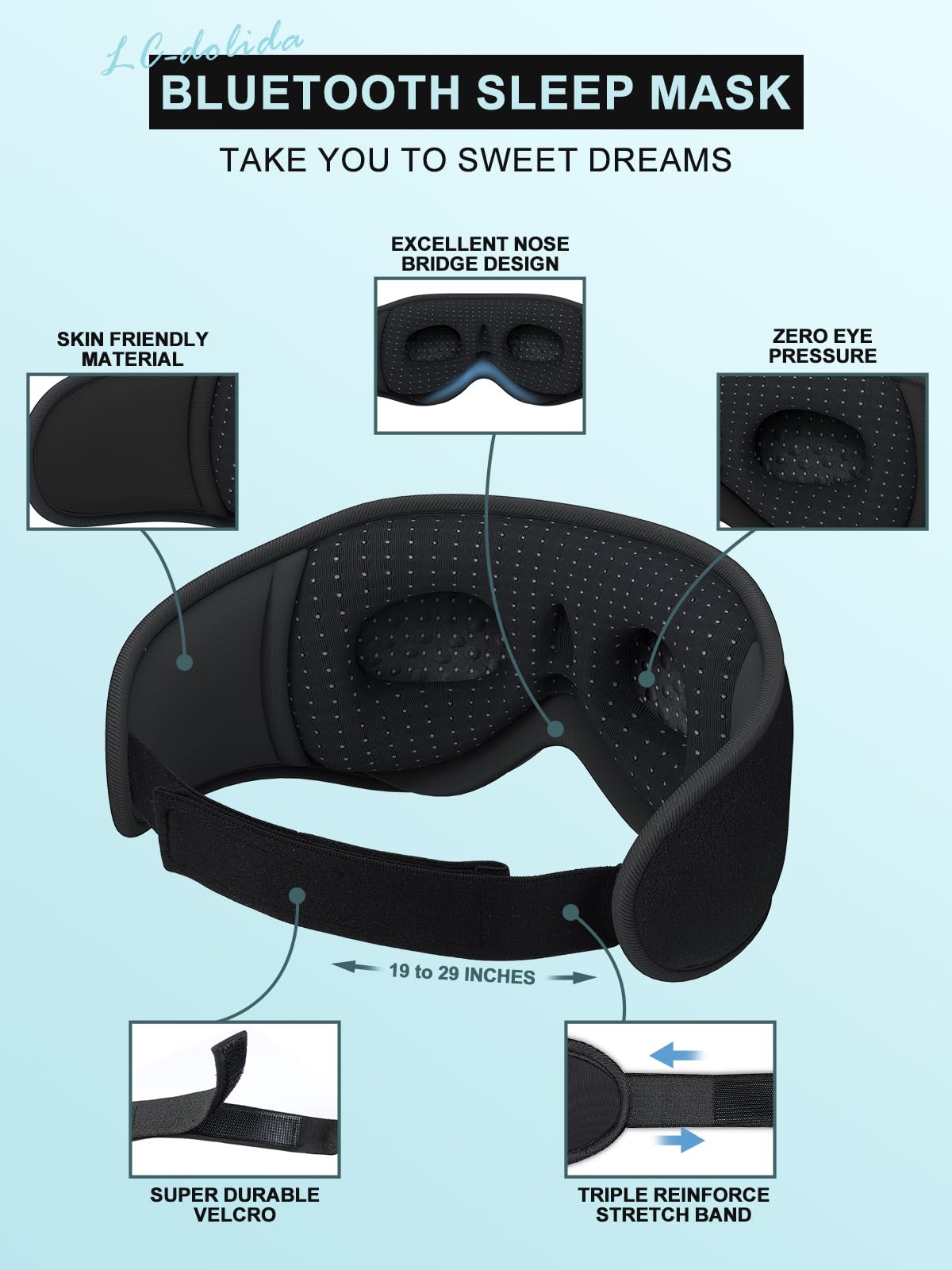 LC-dolida Bluetooth Sleep Mask with Headphones – 200% Blackout, 3D Eye Mask