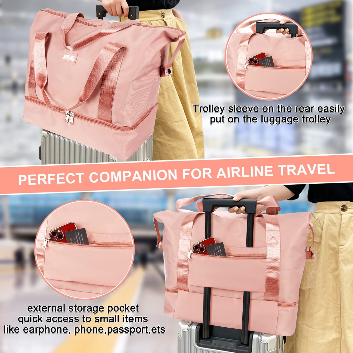 CS COSDDI Travel Duffel Bag, 29L Weekend Bag with Trolley Sleeve, Dry & Wet Seperated Sports Gym Bag Waterproof Carry On Bag for Women Men Weekender Hospital Bag