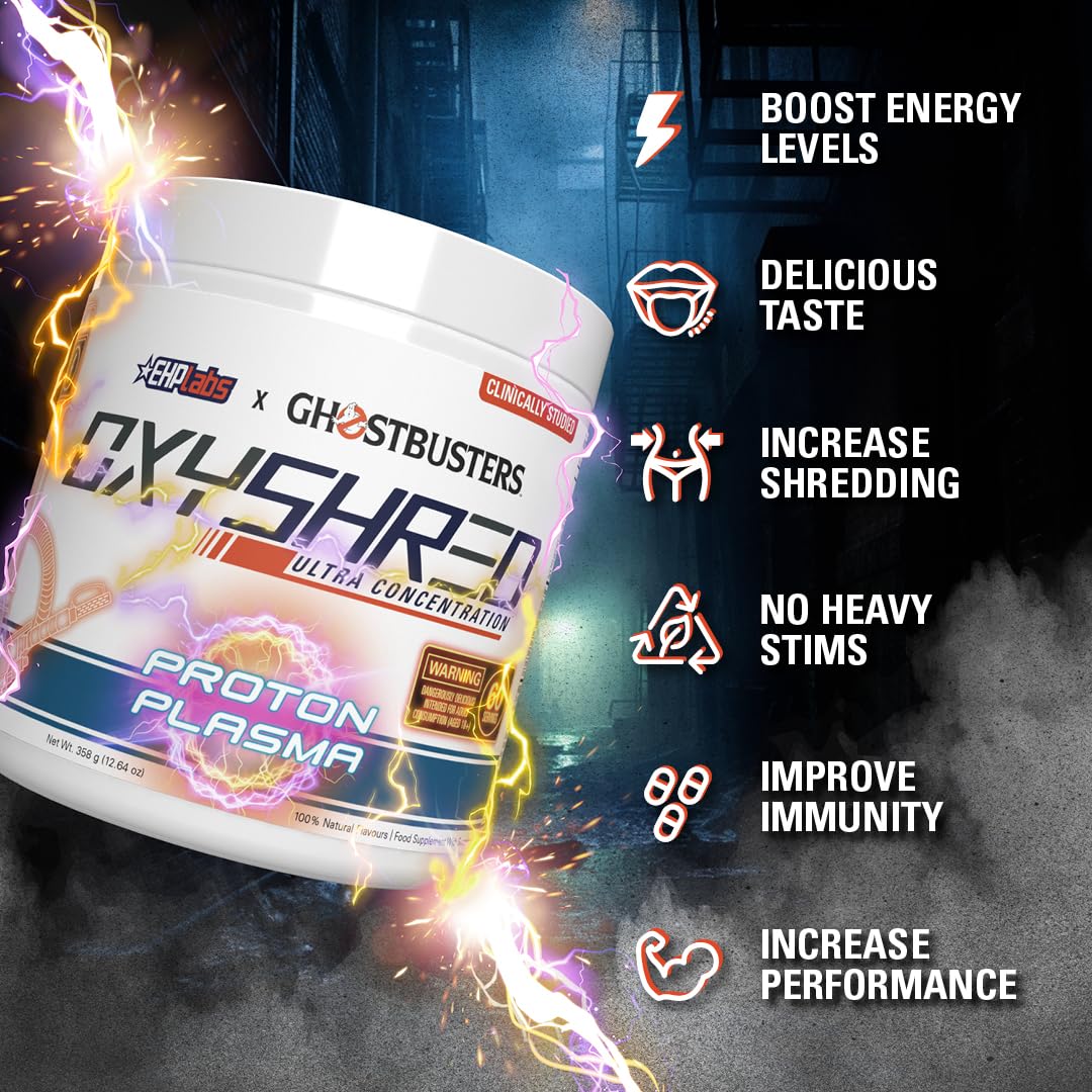EHPlabs x Ghostbusters OxyShred Pre Workout Powder & Shredding Supplement - Preworkout Powder with L Glutamine & Acetyl L Carnitine, Energy Boost Drink- Proton Plasma, 60 Servings
