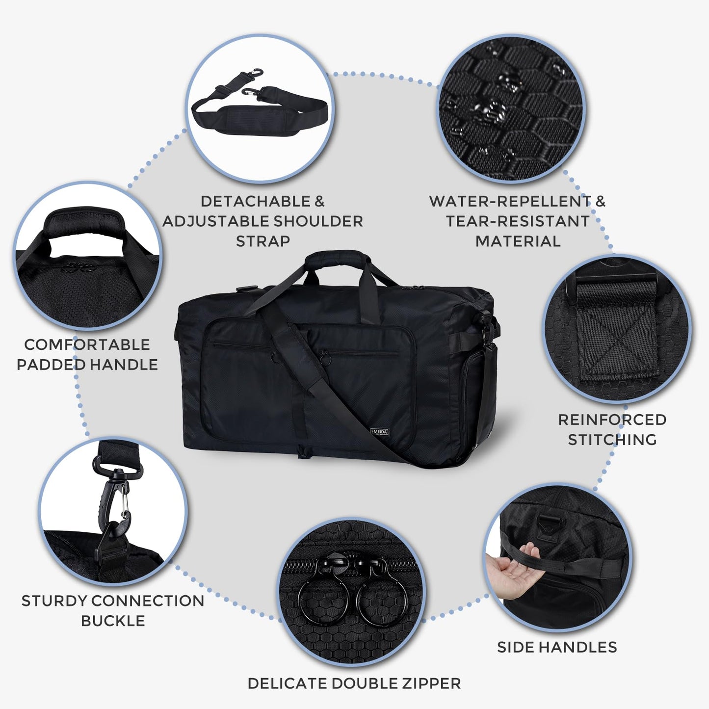Fmeida 65L Foldable Travel Duffle Bag, Lightweight Waterproof Weekend Luggage with Shoes Compartment, Large Overnight Holdall Tote, Black