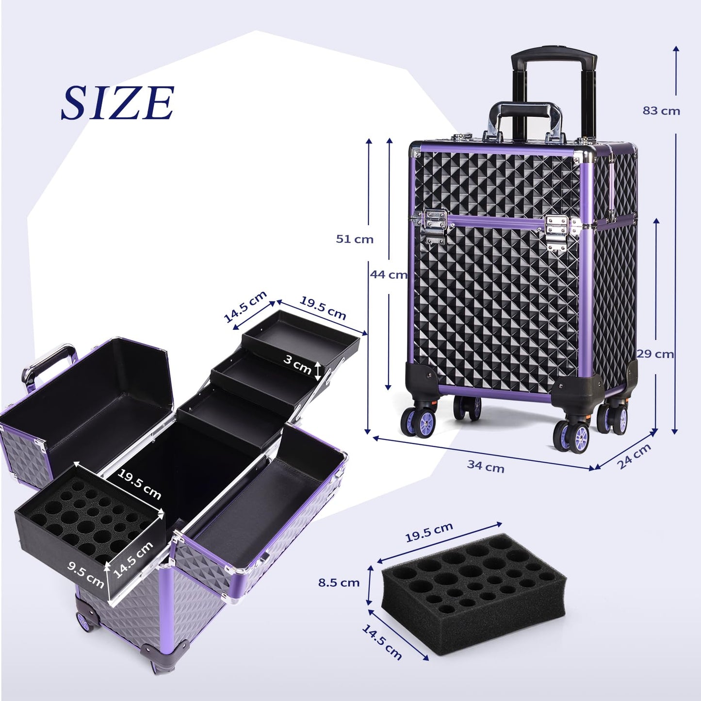 Joligrace Professional Makeup Trolley Cosmetic Vanity Box Make Up Case Organiser Beauty Rolling Box Beauty Trolley on Wheels Nail Technician Case, Black-Purple