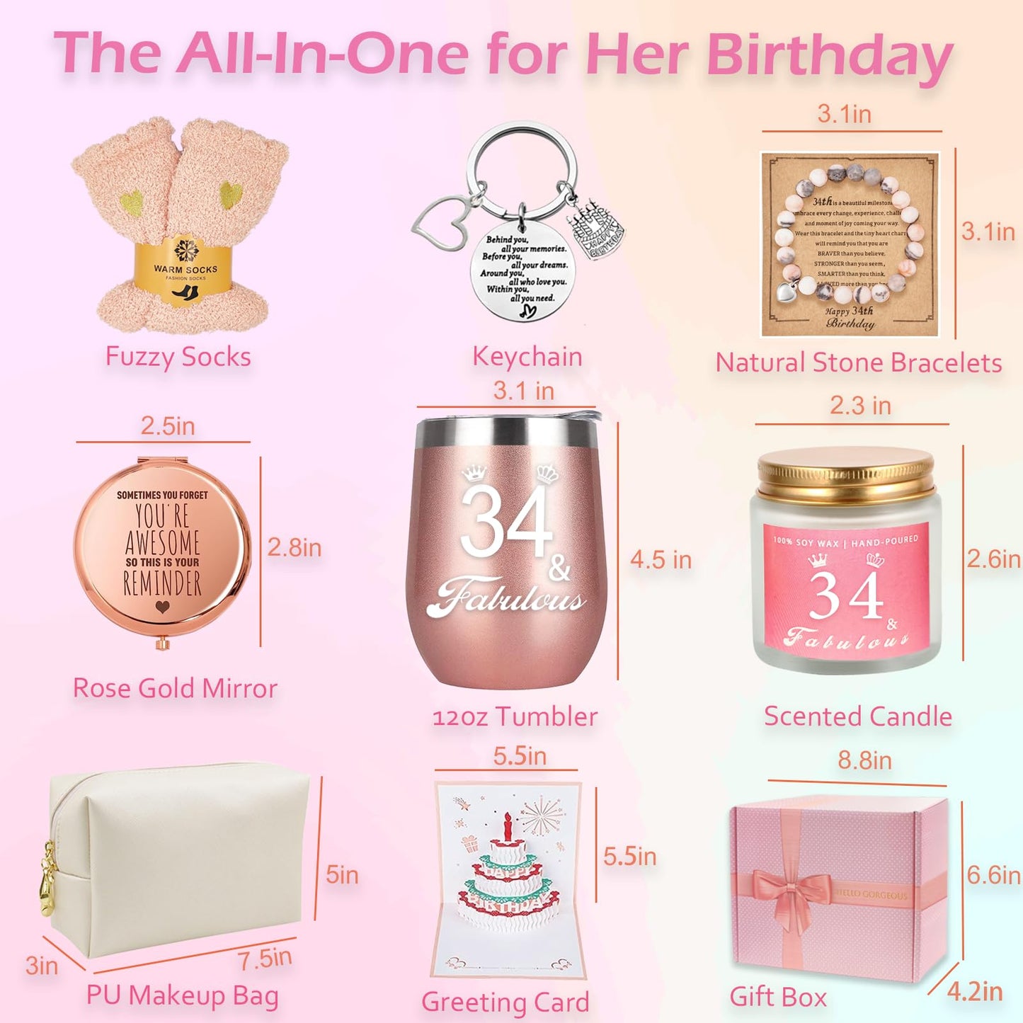 34th Birthday Gifts for Women Her, Happy 34 Year Old Birthday Decorations Gifts for Best Friends Wife Aunt Female Daughter Sister Her Coworker Bestie Women Unique