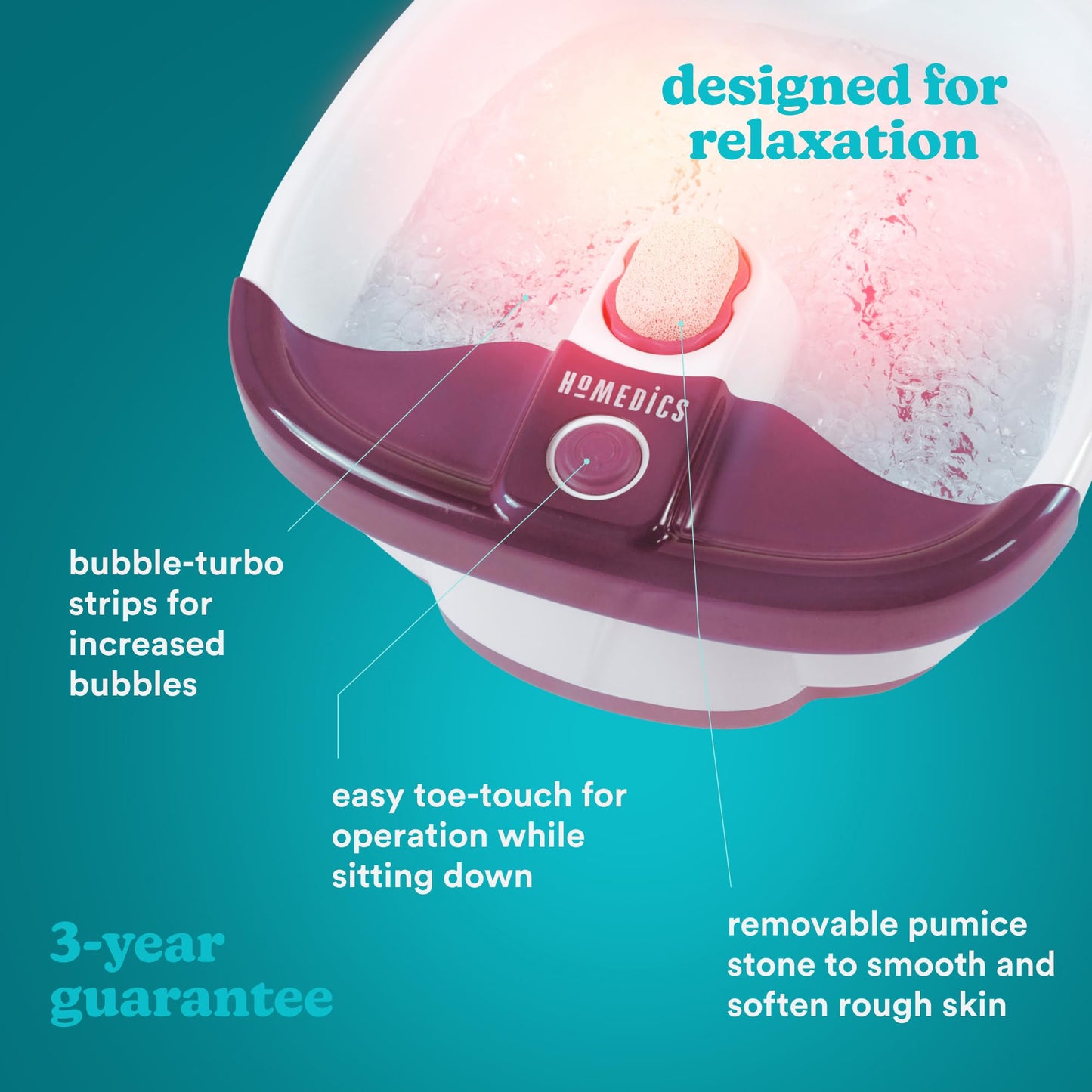 HoMedics Bubblemate Foot Spa and Massager with Keep Warm Function, Soothing Soak Massage Nodes, Bubble Turbo Strip, Pedicure Pumice Stone