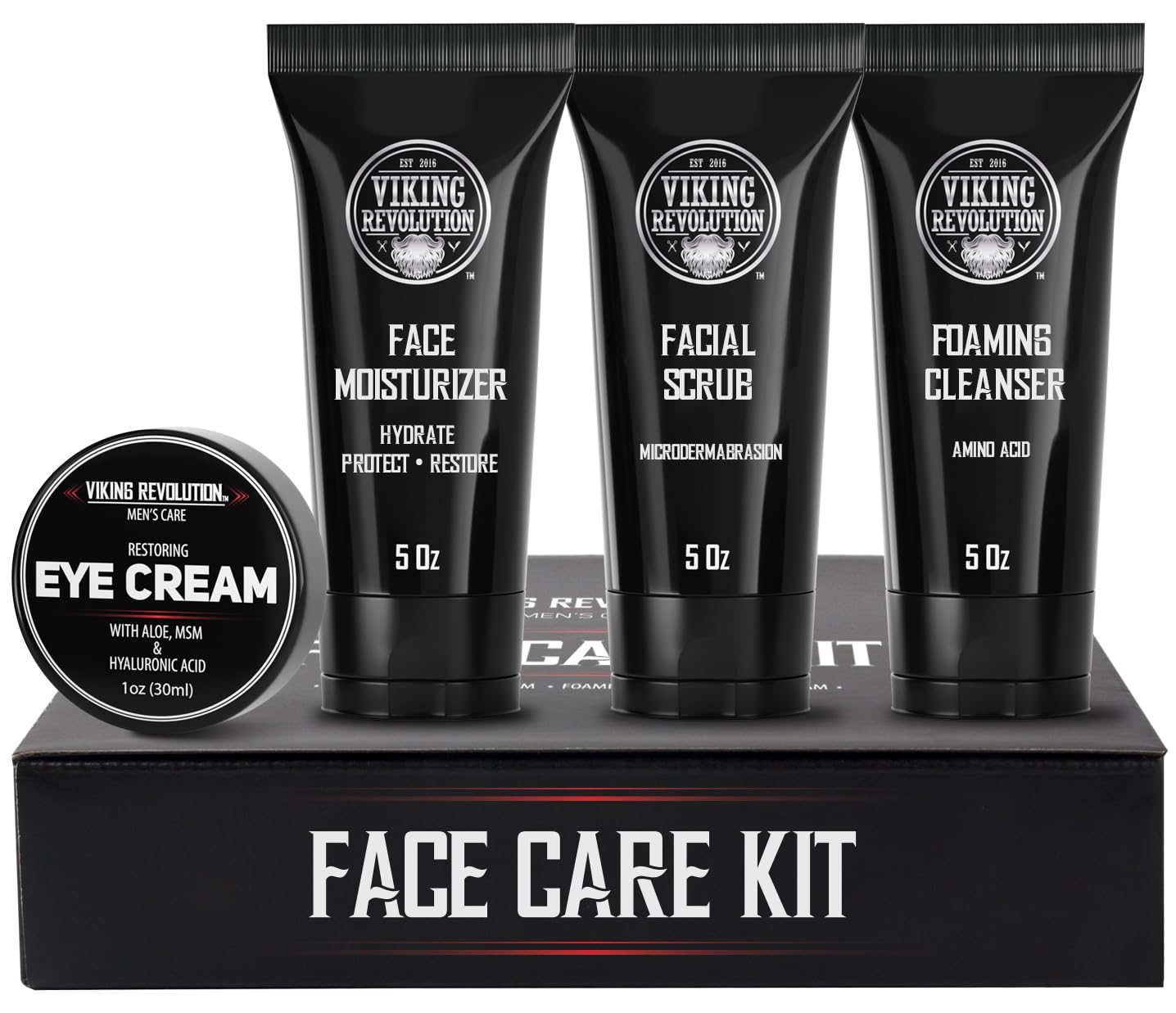Viking Revolution - Mens Skincare Kit - Includes (148ml Each) Mens Face Moisturiser, Mens Face Wash, Mens Face Scrub and Mens Eye Cream (30ml) - Mens Skincare Gift Set - Gifts For Men