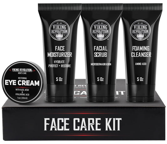 Viking Revolution - Mens Skincare Kit - Includes (148ml Each) Mens Face Moisturiser, Mens Face Wash, Mens Face Scrub and Mens Eye Cream (30ml) - Mens Skincare Gift Set - Gifts For Men