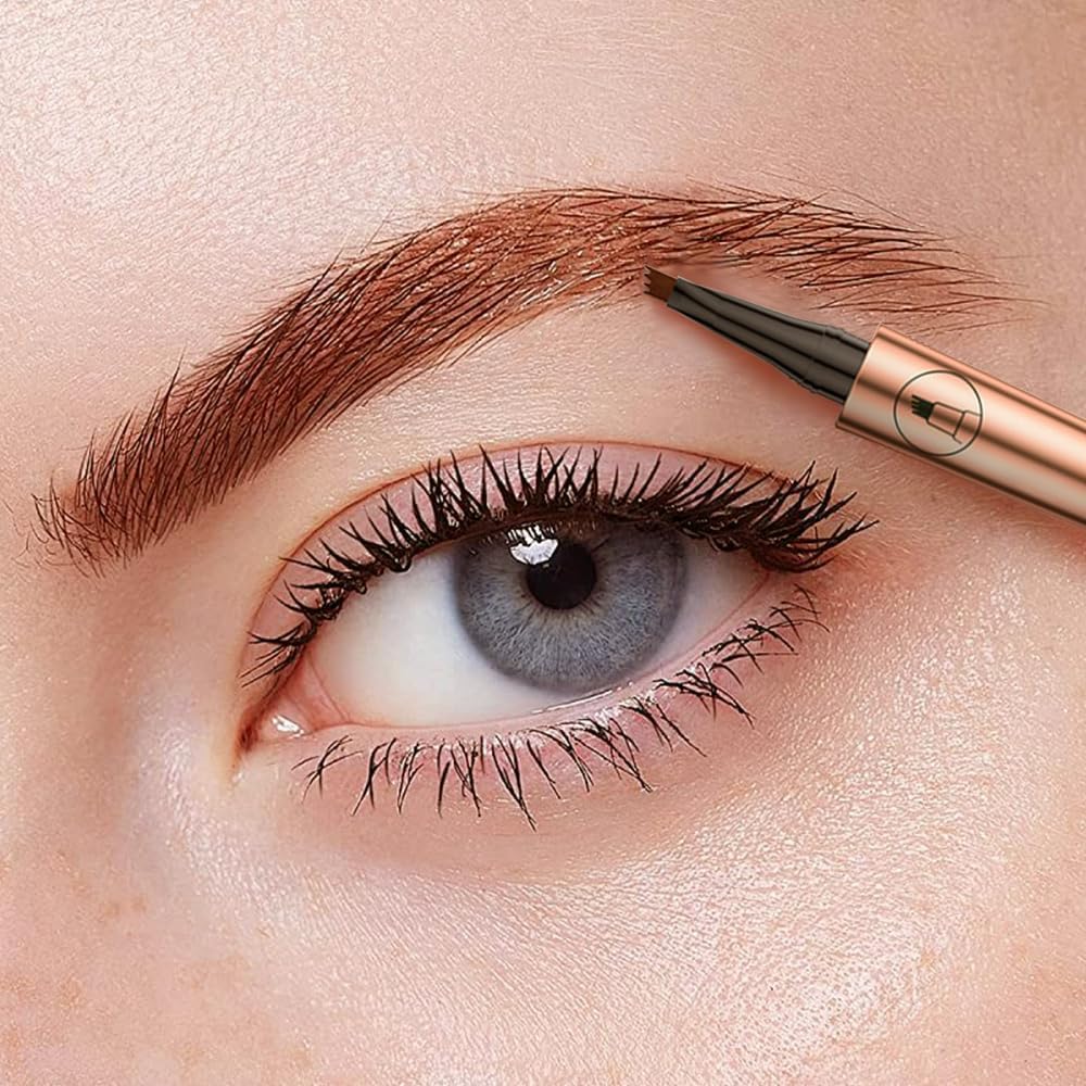 2025 New 3D Microblading Eyebrow Pencil with 4 Forked Tip Applicator, Eyebrow Pencil Waterproof, Long-lasting Magic Eye brow Pen Effortlessly Creates Natural-Looking Brows (Dark brown)