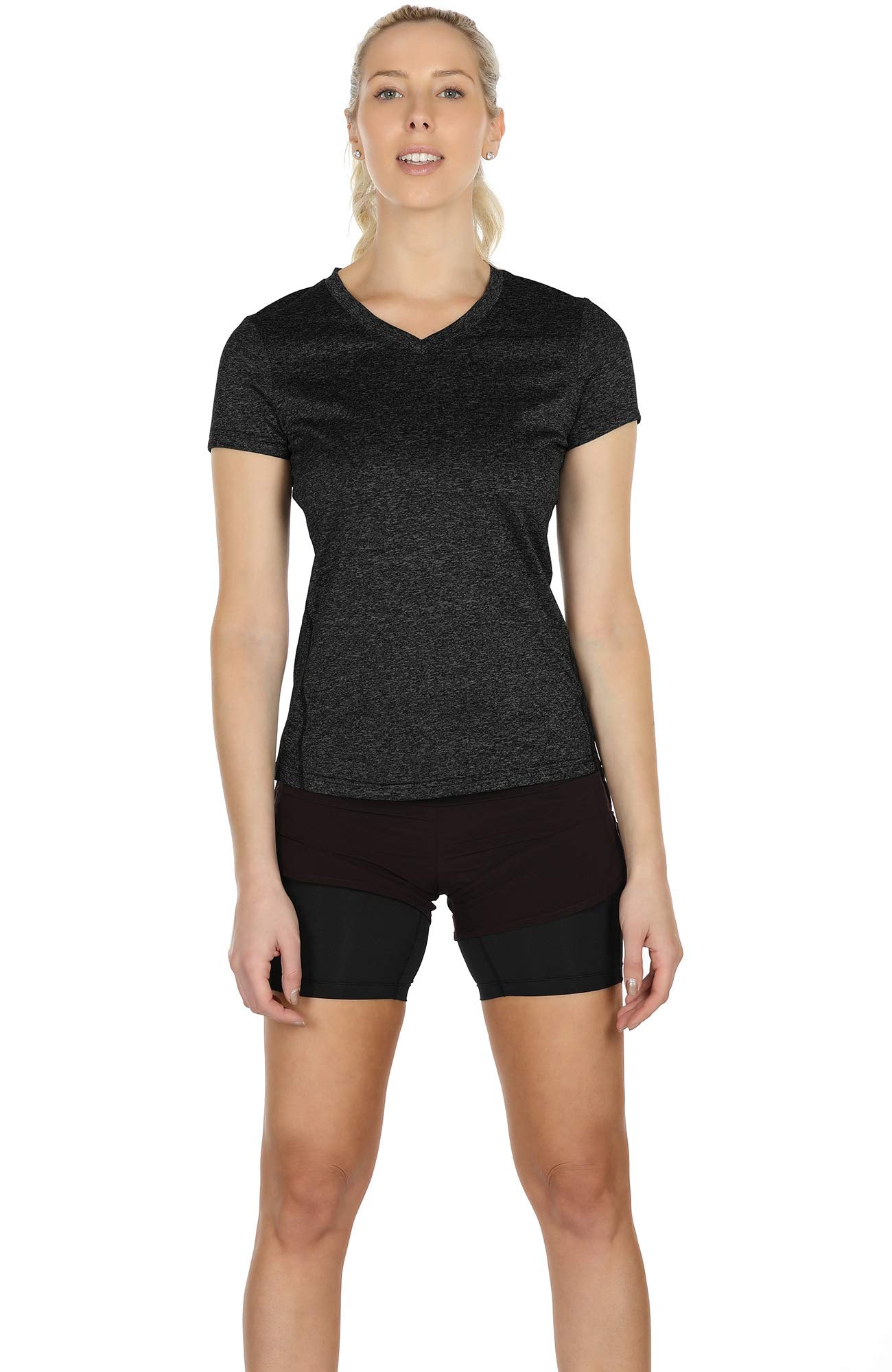 icyzone Women's Sport T-Shirt Yoga Fitness V-Neck Short-Sleeve Tops Workout Running Shirt, 3 Pack (XL, Black/Granite/Blue)